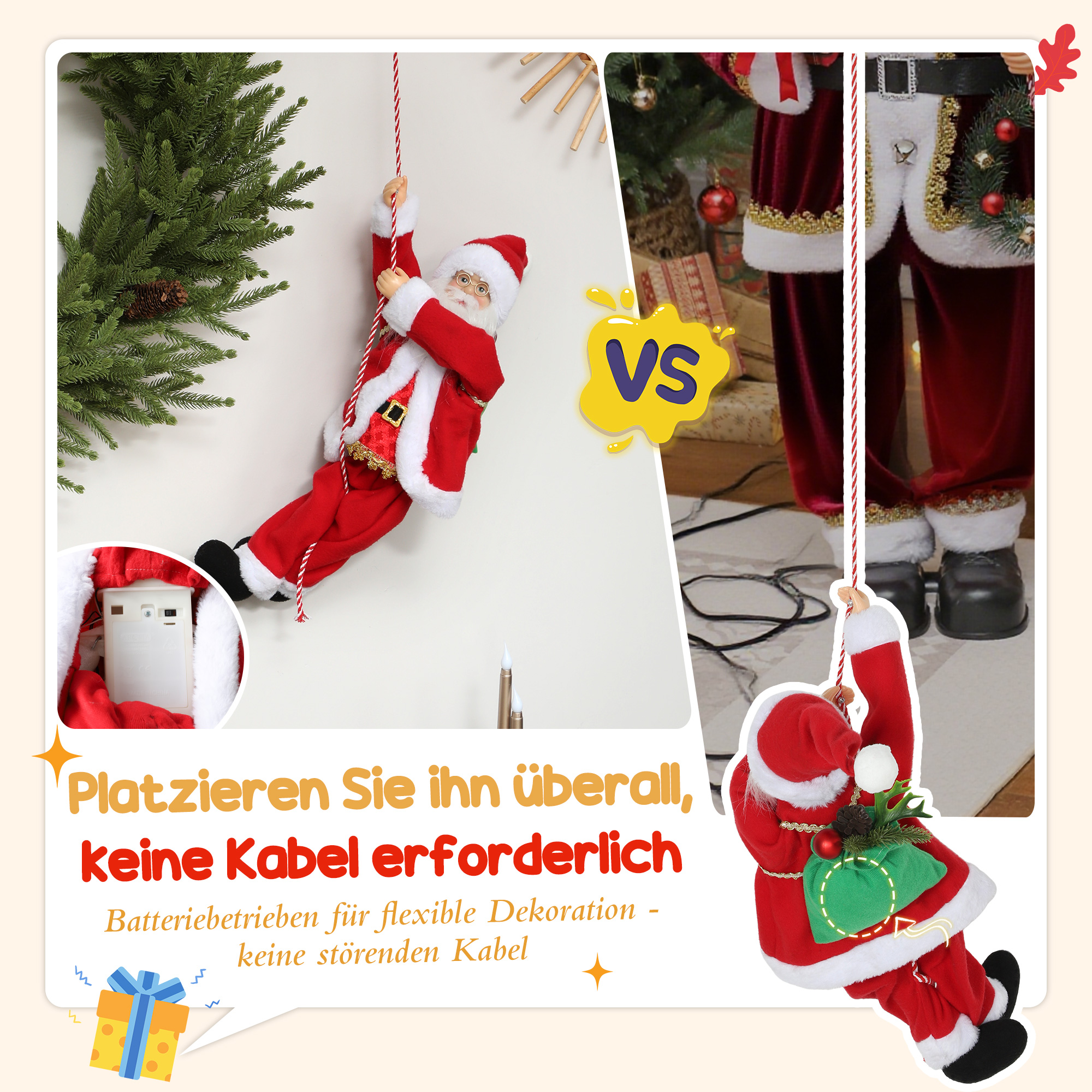 Weihnachtsmann 60 cm Singend und Kletternd Weihnachtsmann mit Geschenk Seil Soundfunktion Indoor, Rot