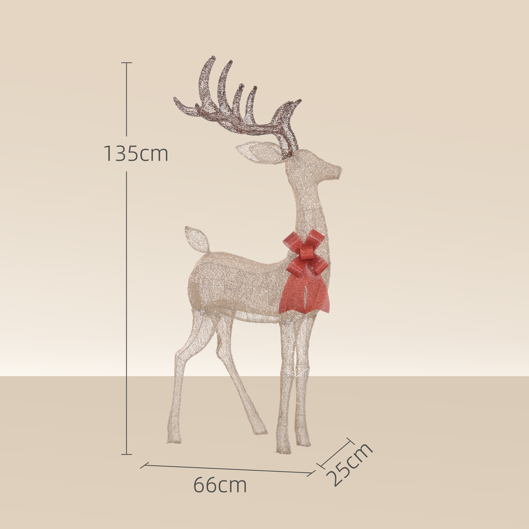 Rentier mit roter Schleife, 137 LEDs, Weihnachtsbeleuchtung, wetterfest, 66 x 25 x 135 cm, Gold