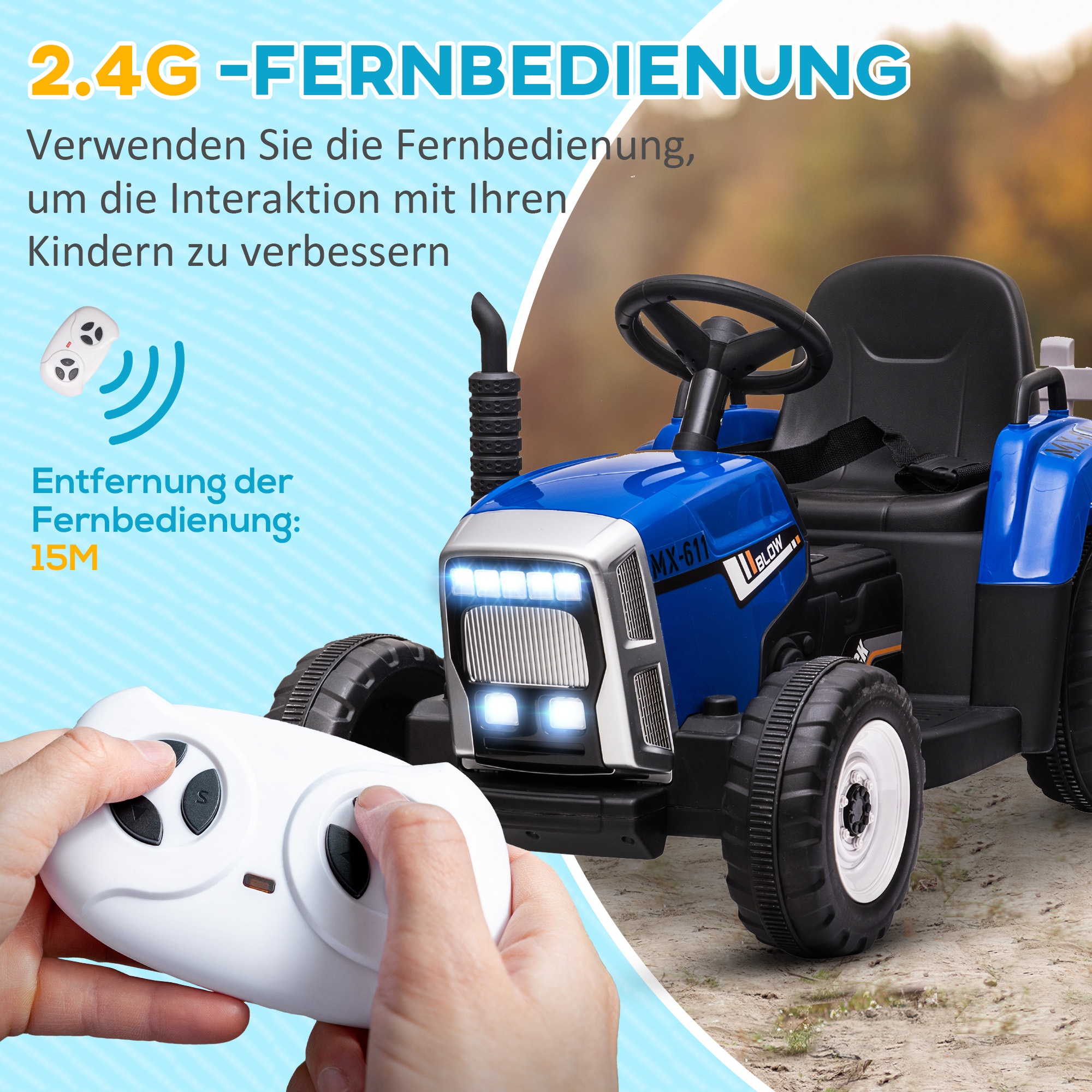 Kinder-Elektroauto mit Anhänger, Fernbedienung, Scheinwerfer, 3-6 km/h, für 3-6 Jahre, Blau