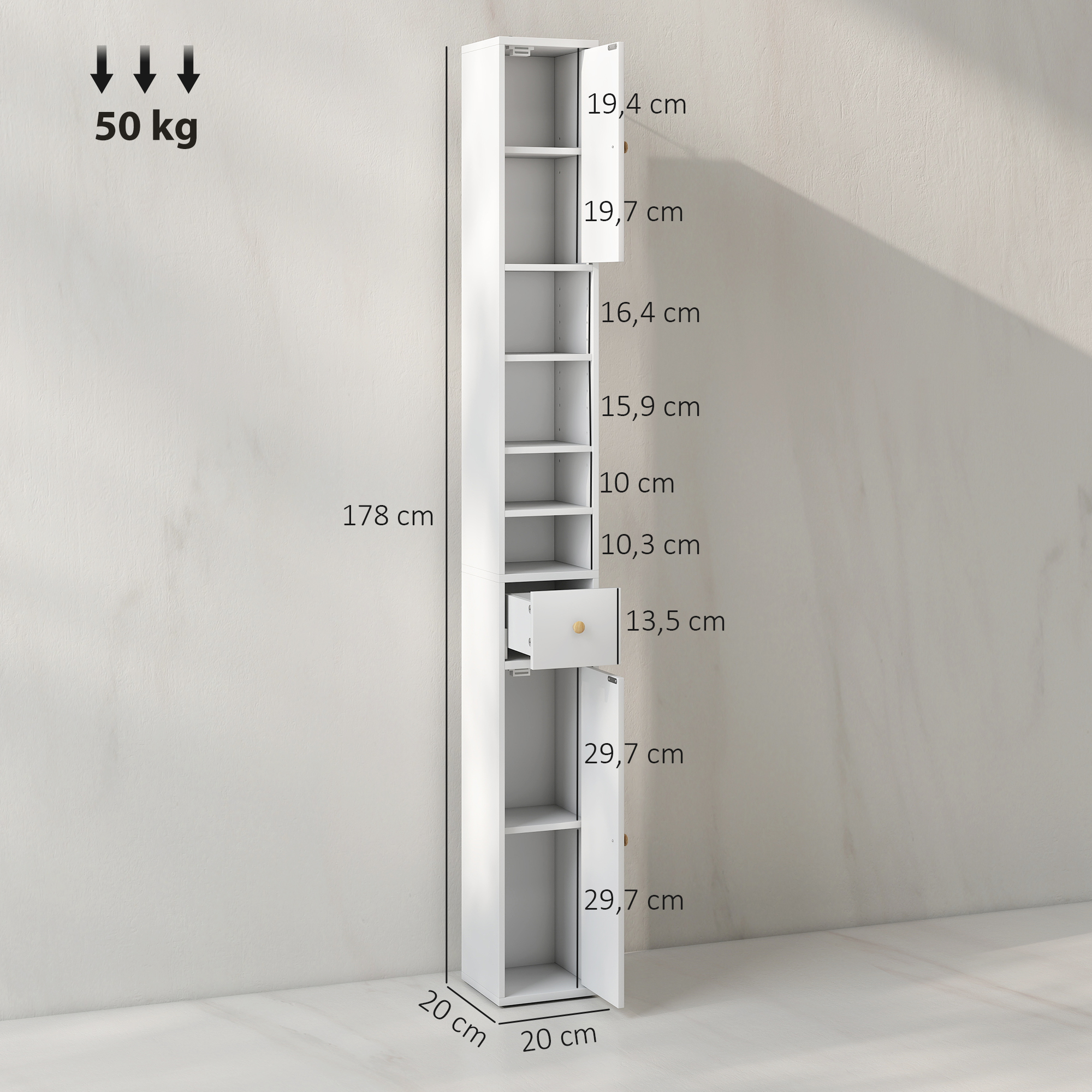 Badezimmerschrank, hoch und schlank, offene und geschlossene Bereiche, Weiß