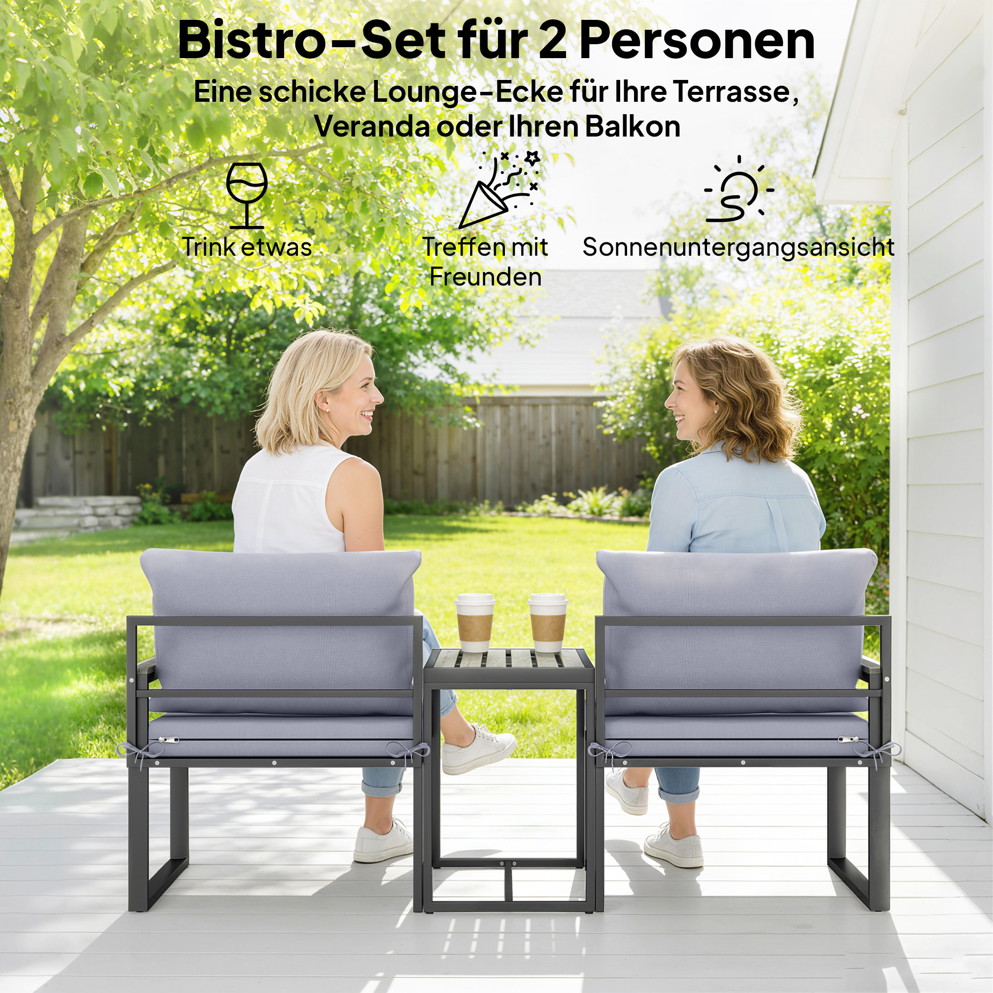 3-teiliges Balkonmöbel Set 2 Sessel mit Tisch abnehmbar Sitz-& Rückenkissen atmungsaktiv Bezug Grau
