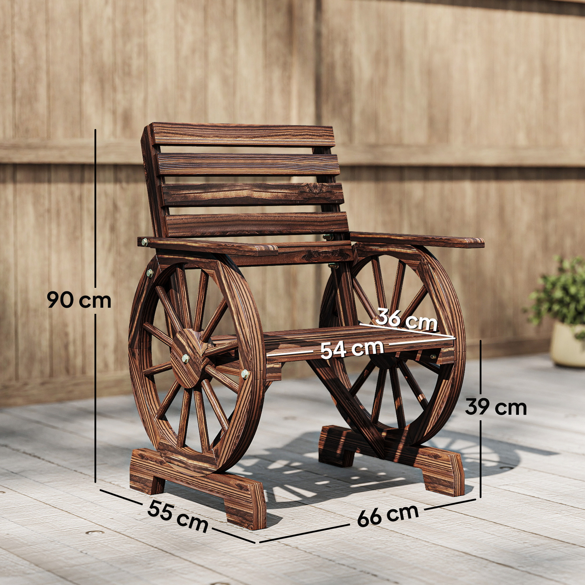 Gartenstuhl Holz Gartensessel mit Wagenräder-Design, Holzstuhl im Landhausstil Verkohlt