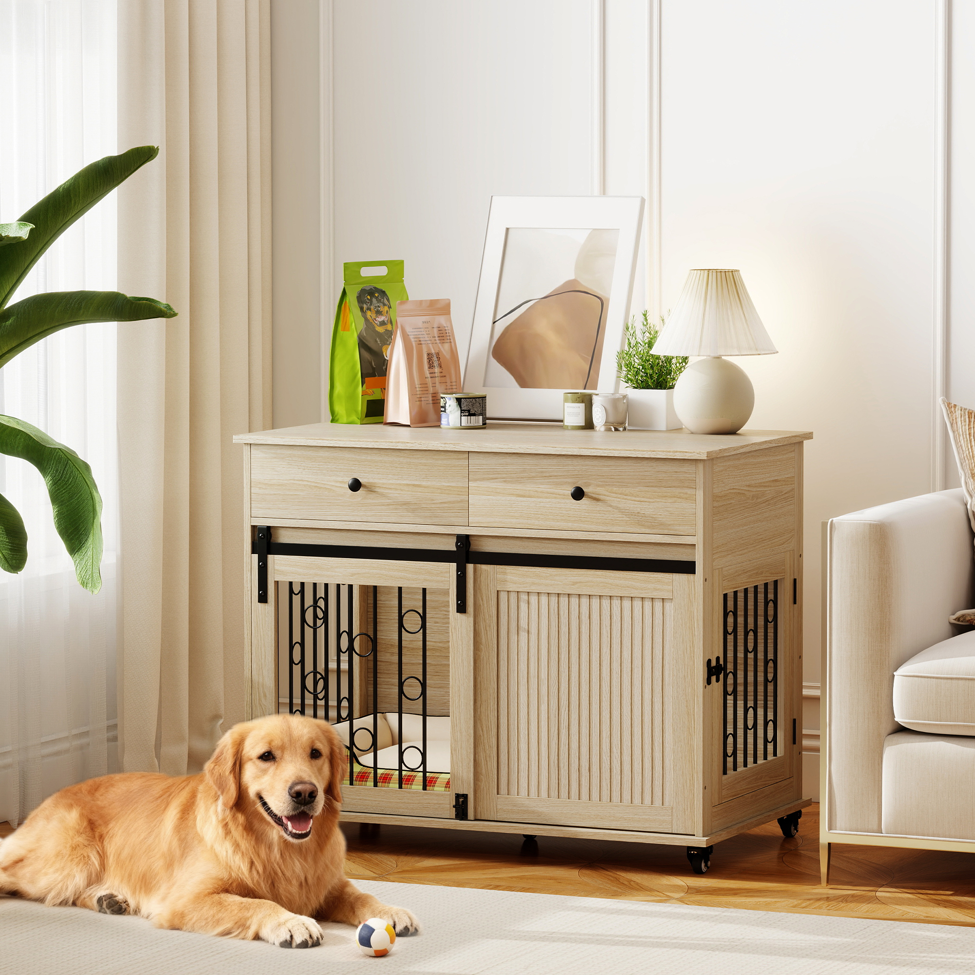 Hundebox auf Rädern, 2 Türen, 2 Schubladen, für mittlere und große Hunde, Holz, Stahl