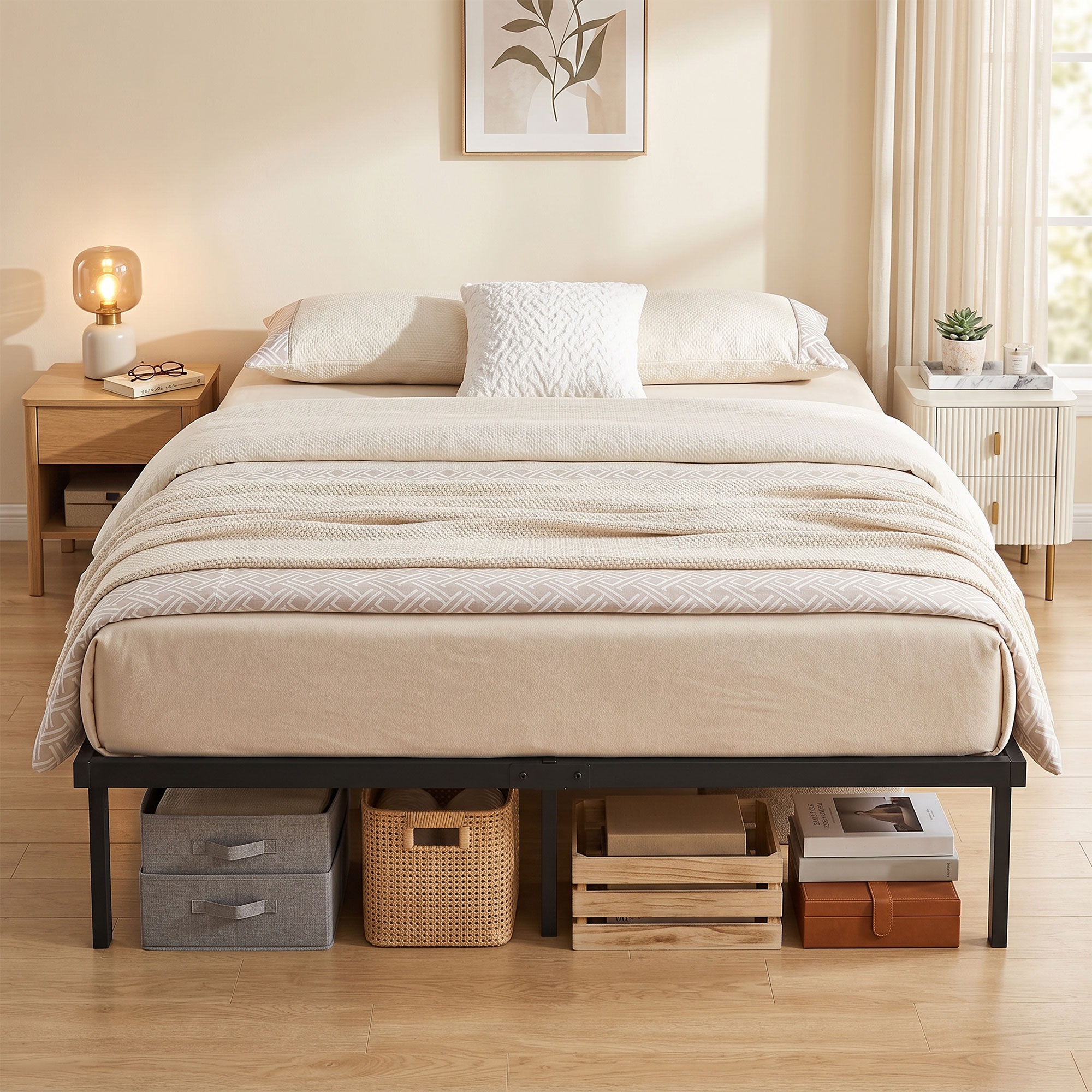 Bettgestell, 140 x 200 cm Metallbett mit Stauraum unter dem Bett, Metallgestell mit Lattenrost, kein Boxspring nötig