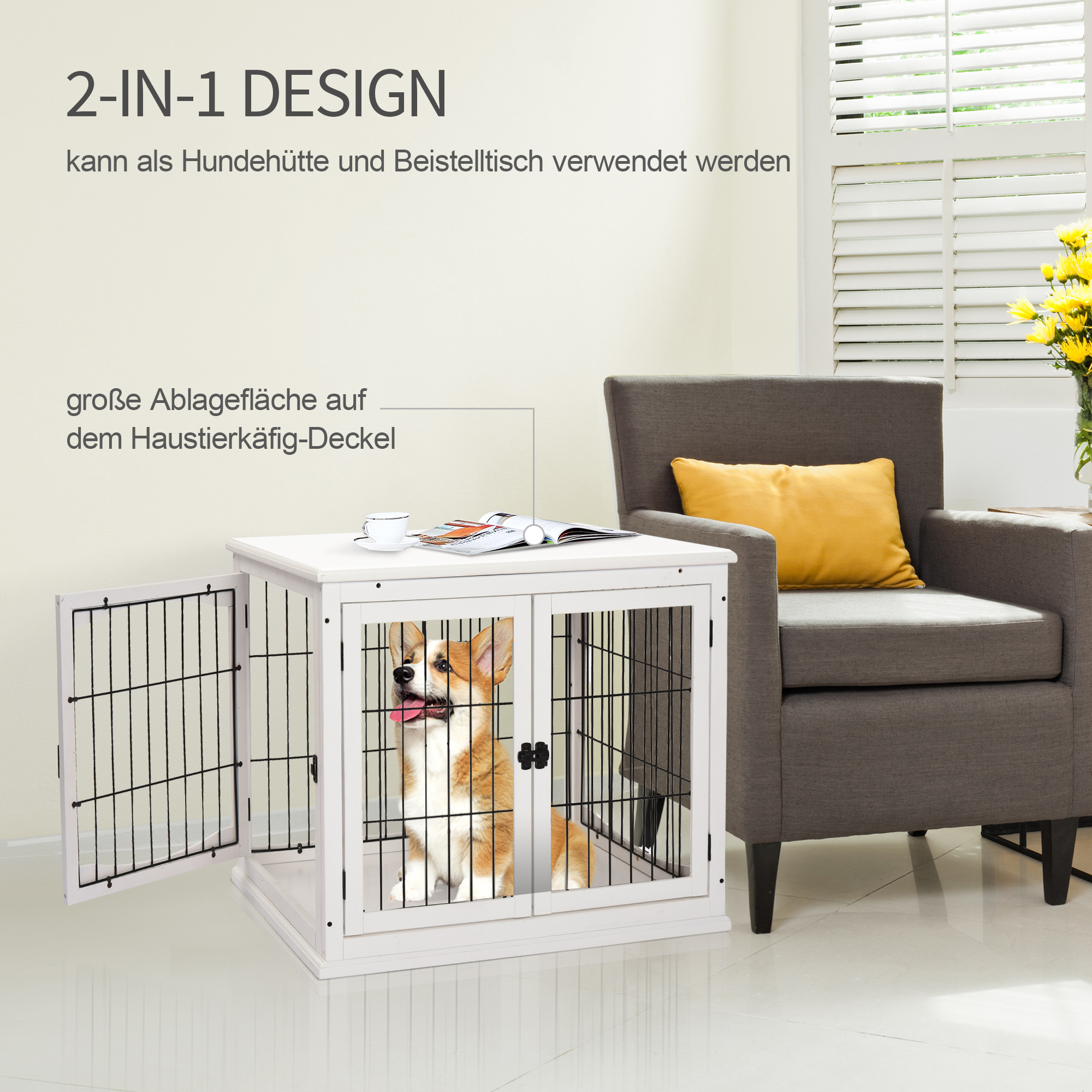 Transportbox für Hunde 58,5 cm x 81 cm x 66 cm Türen, MDF-Holz Eisen, 58, 5 cm x 81 cm x 66 cm, Weiß