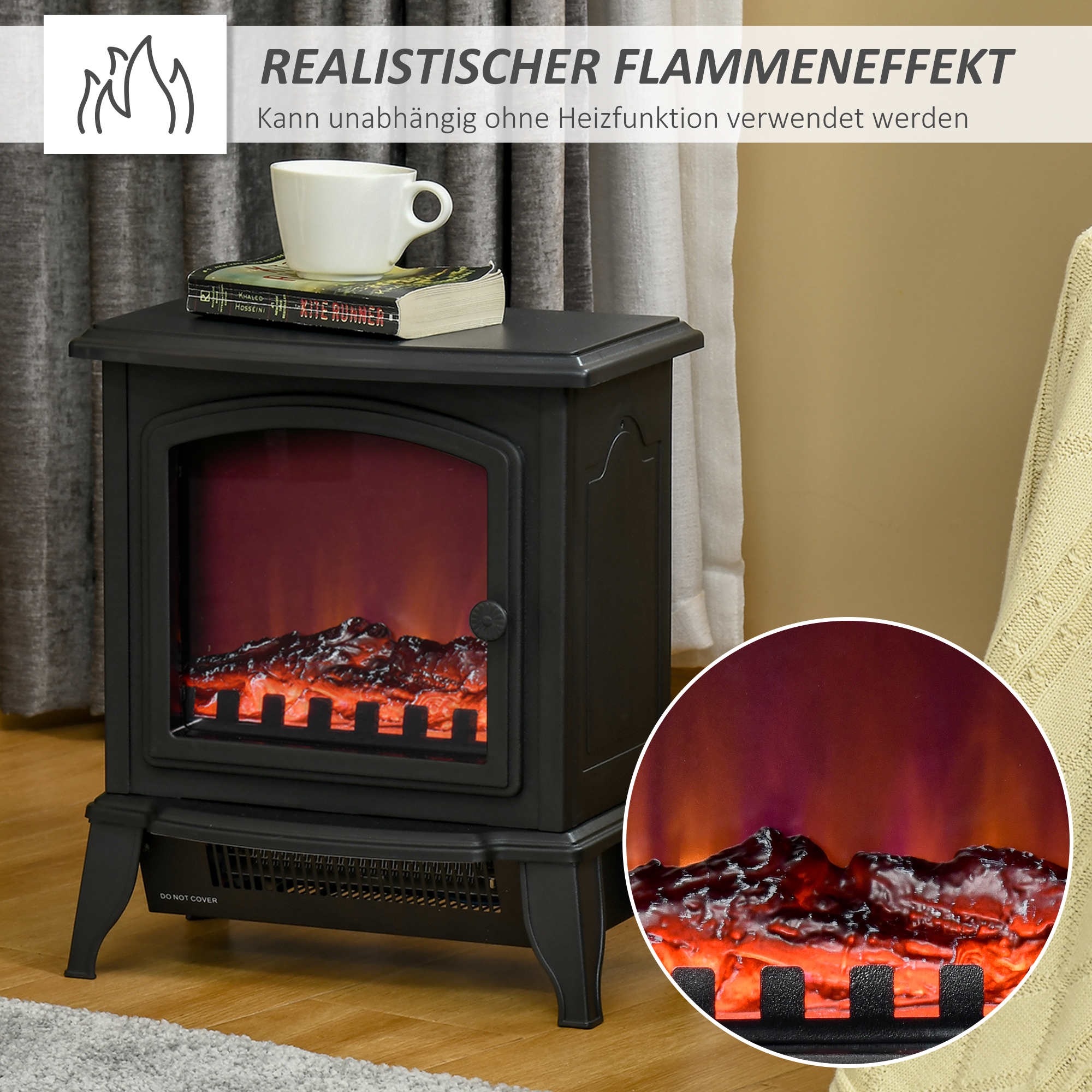 Elektrokamin freistehend, Flammeneffekt, 2 Heizmodi 1000W/2000W, gehärtetes Glas, Schwarz, 36,5x24x45,5 cm