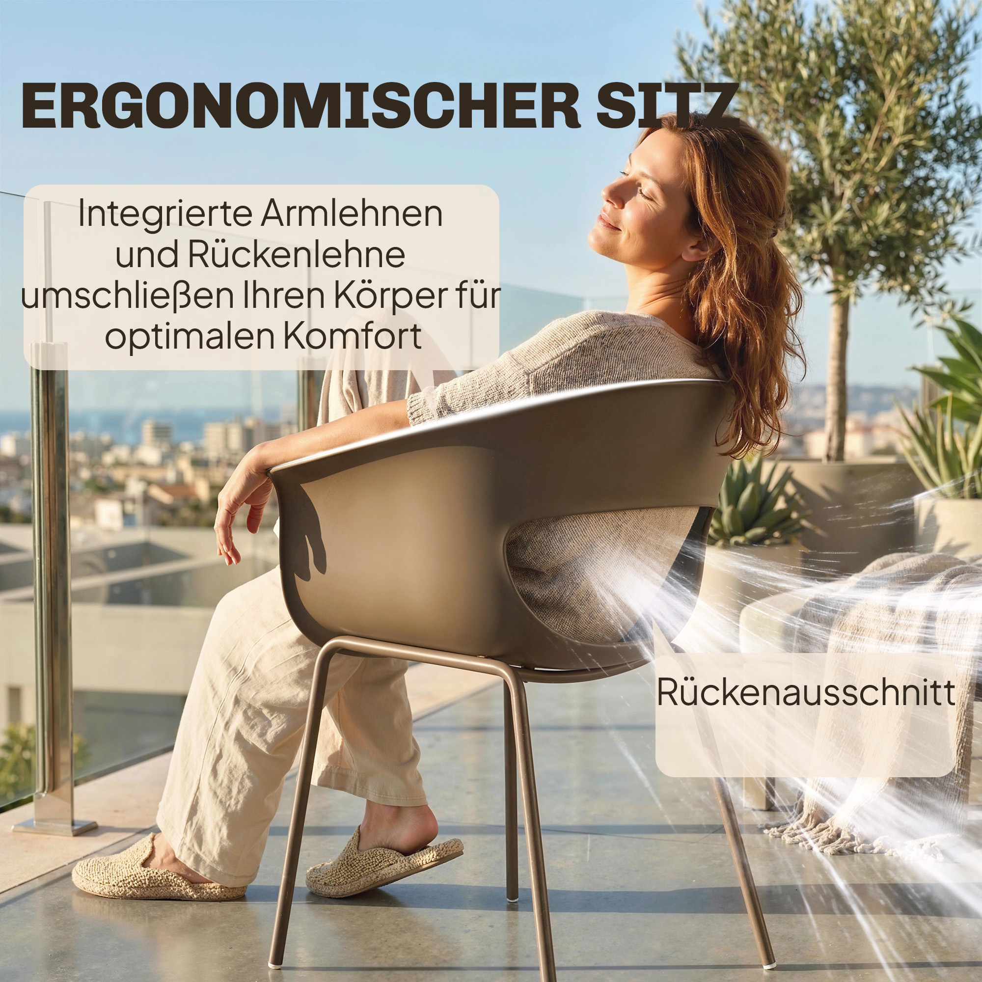 Gartenstühle 4er Set ergonomisch Balkonstühle mit Ausschnittdesign Armlehne Wetterfest rostbeständig Kaffee