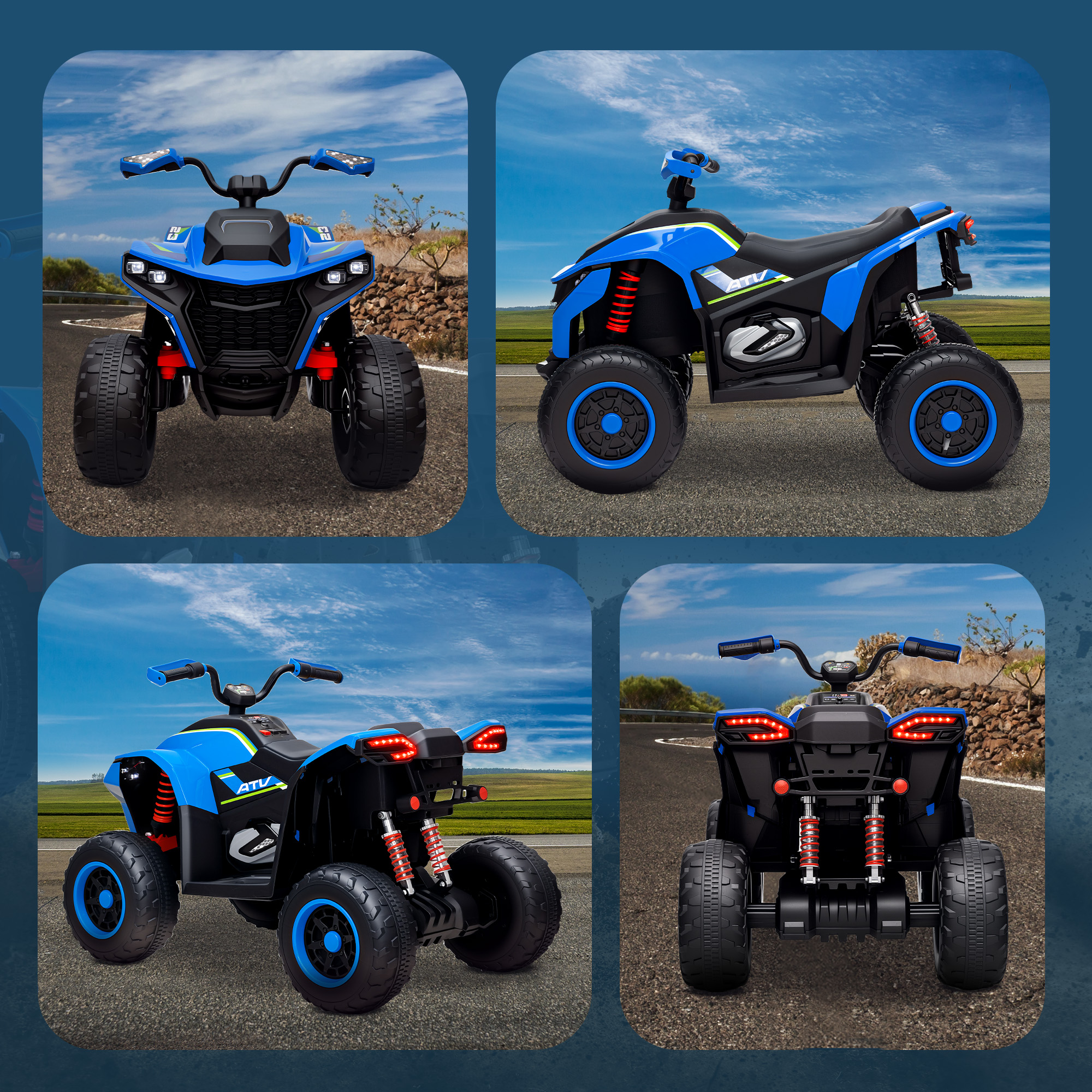 Elektroquad für Kinder, 3-6 km/h, LED-Scheinwerfer, Musik, USB, für 3-8 Jahre, Blau