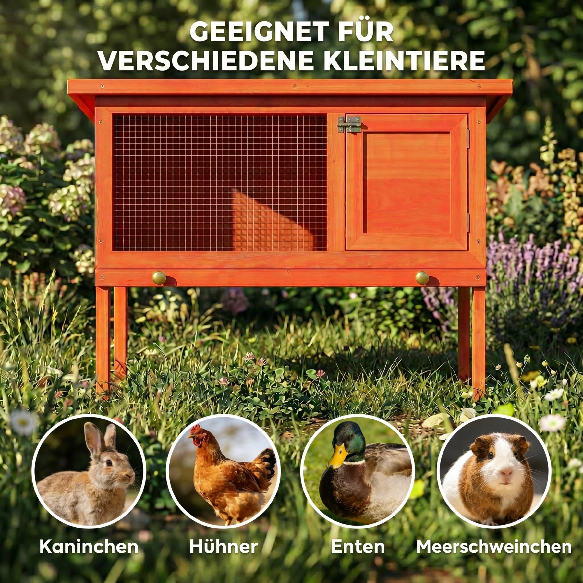 Hasenstall erhöhter Kaninchenstall aus Holz mit aufklappbar Bitumendach herausziehbarer Schublade 90x45x65 cm Orange