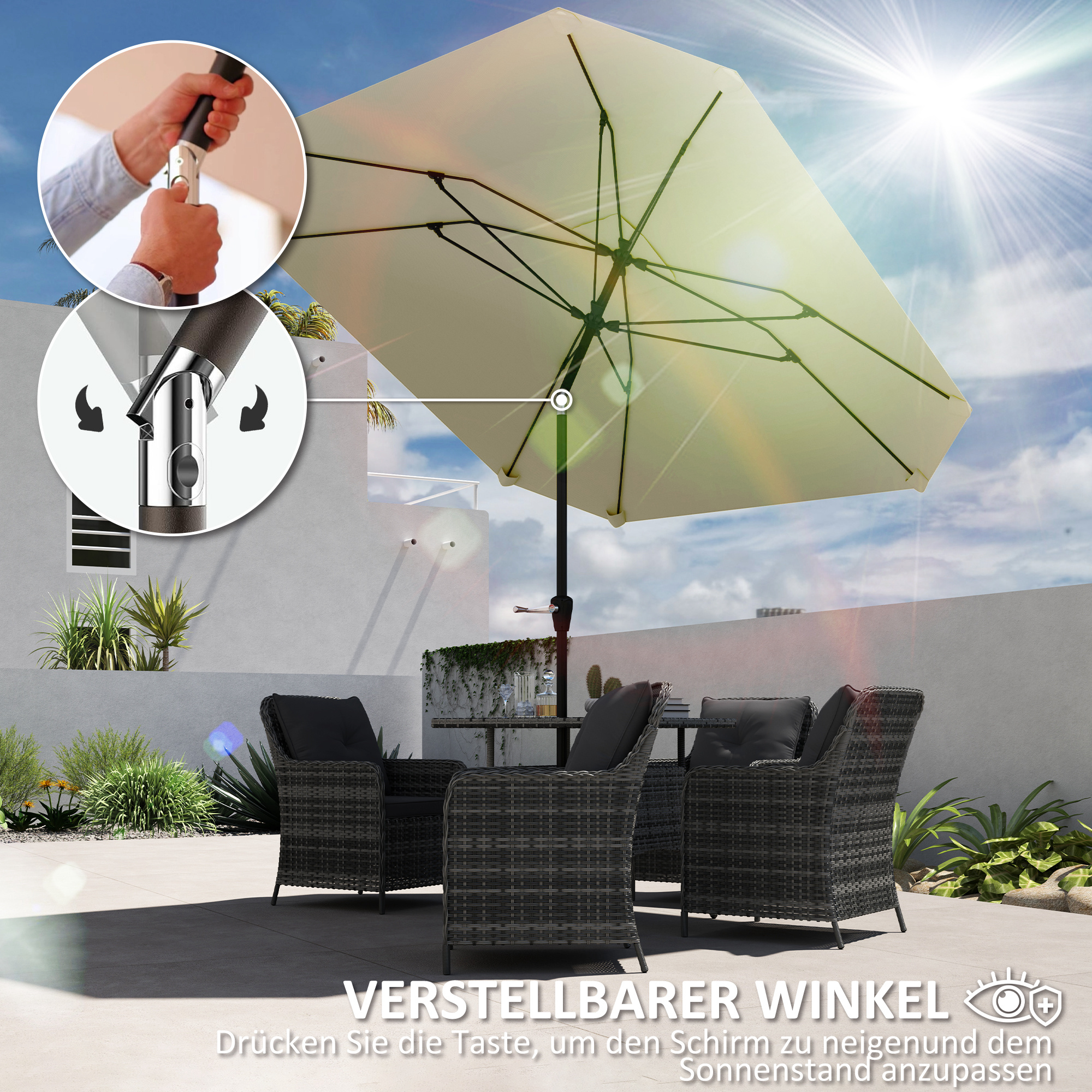 2,3 m Sonnenschirm ohne Basis, Verstellbarer Terrassenschirm mit Kurbel, Polyester, Aluminium, Fiberglas, Beige