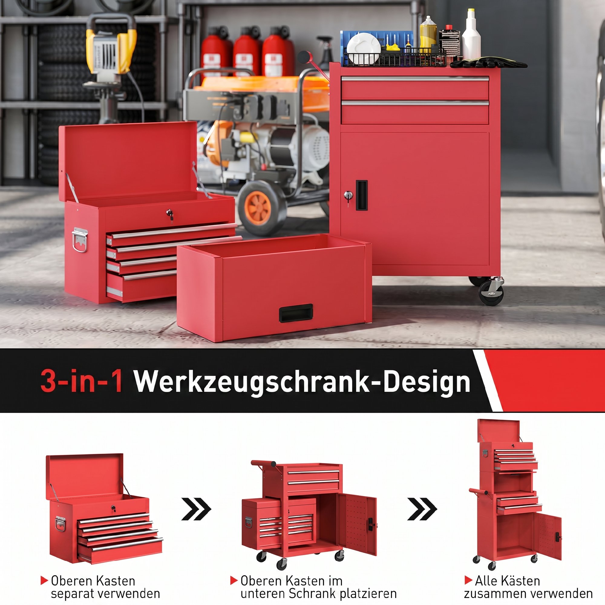 rollbarer Werkzeugschrank, 6 Schubladen, 2 Schränke, Stahl, verschließbar, Rot