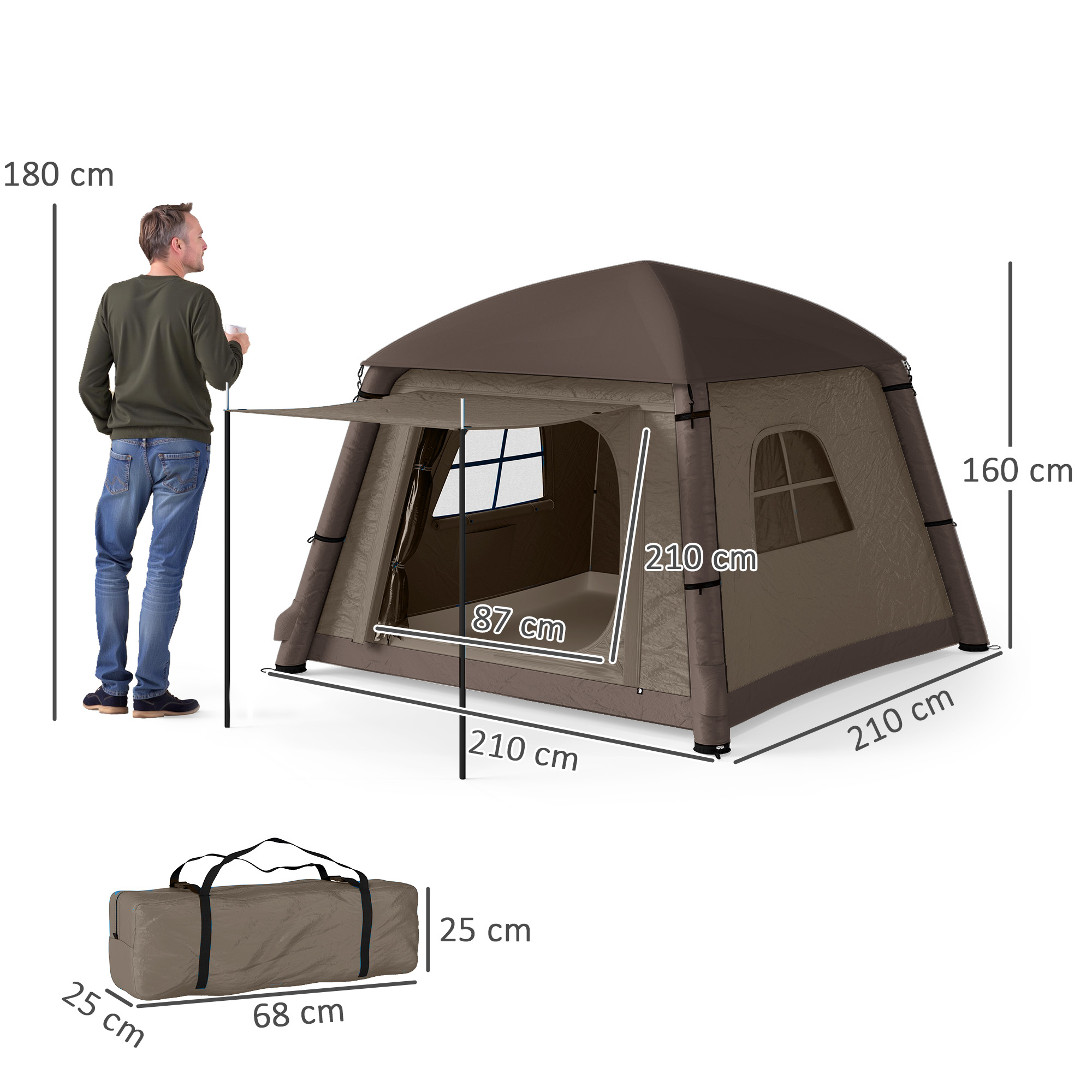Aufblasbares Campingzelt 1-2 Personen Outdoor Familienzelt mit Haken Luftpumpe Fenstern Türen für 4 Jahreszeiten