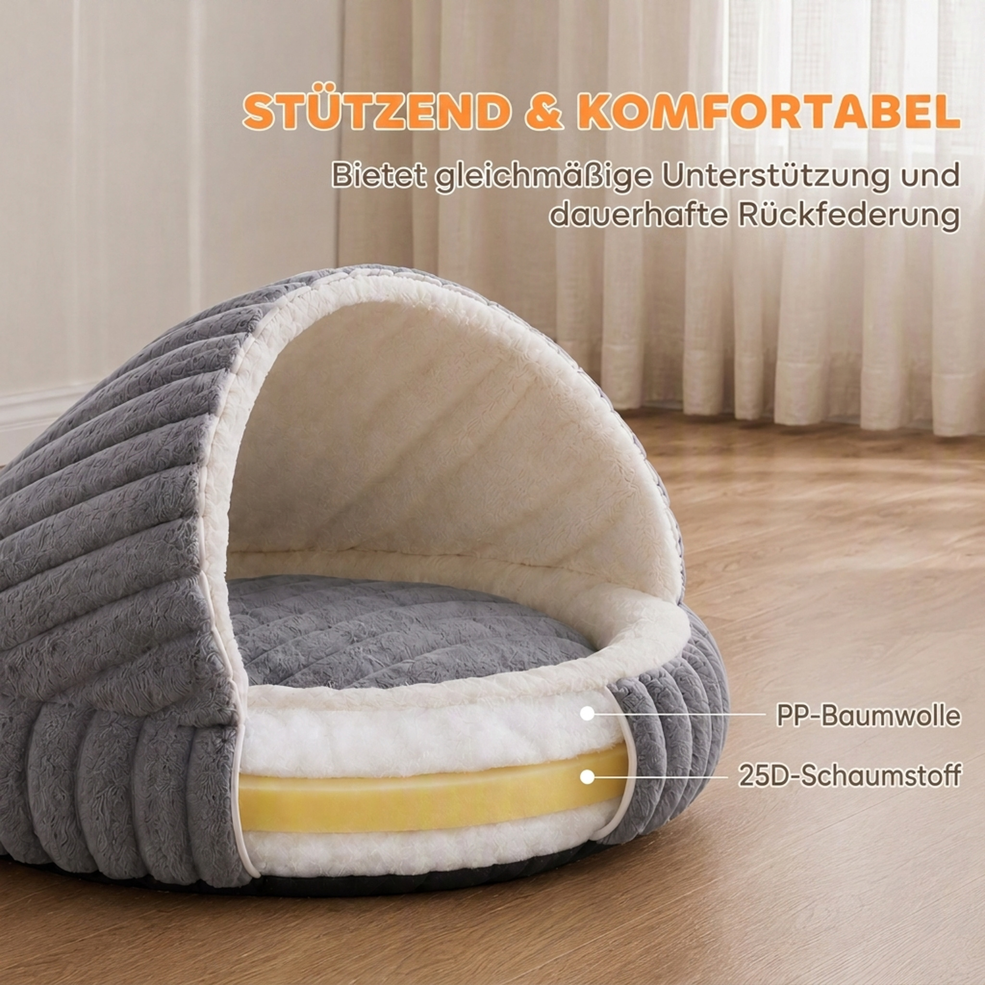 Katzenbett Plüsch Katzenhöhle mit abnehmbarem Kissen, Rutschfester Boden, Waschbar Katzenkorb, für Katzen bis 5 kg, Grau