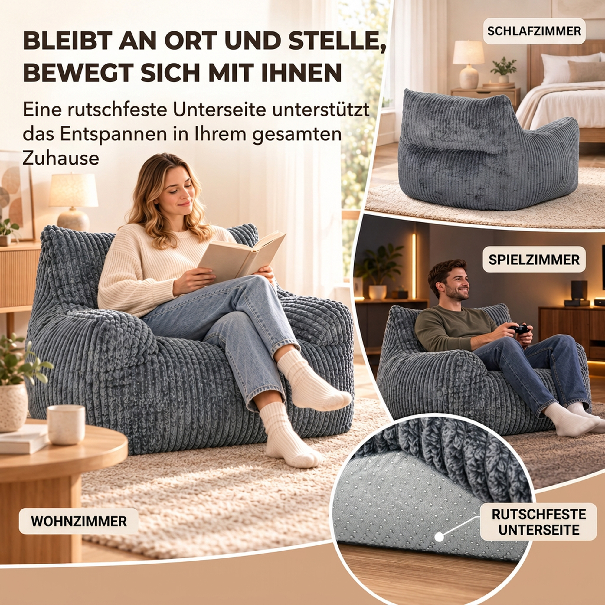 Bodensessel für Erwachsene, große Cloud-Bodenlounge ohne Gestell, mit Rückenstütze und Armlehnen, ohne Montage, Grau
