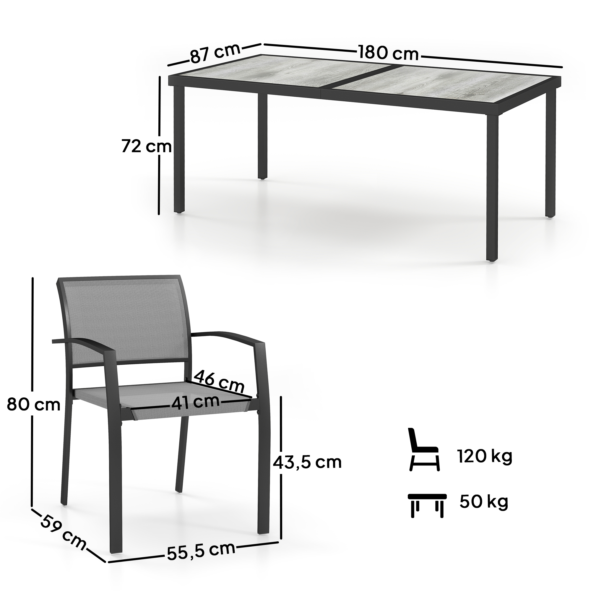 7-teiliges Ess-Set, 6 Stühle, 1 Tisch, stapelbar, leicht zu reinigen, Stahlrahmen, Gartenmöbel-Set, Grau