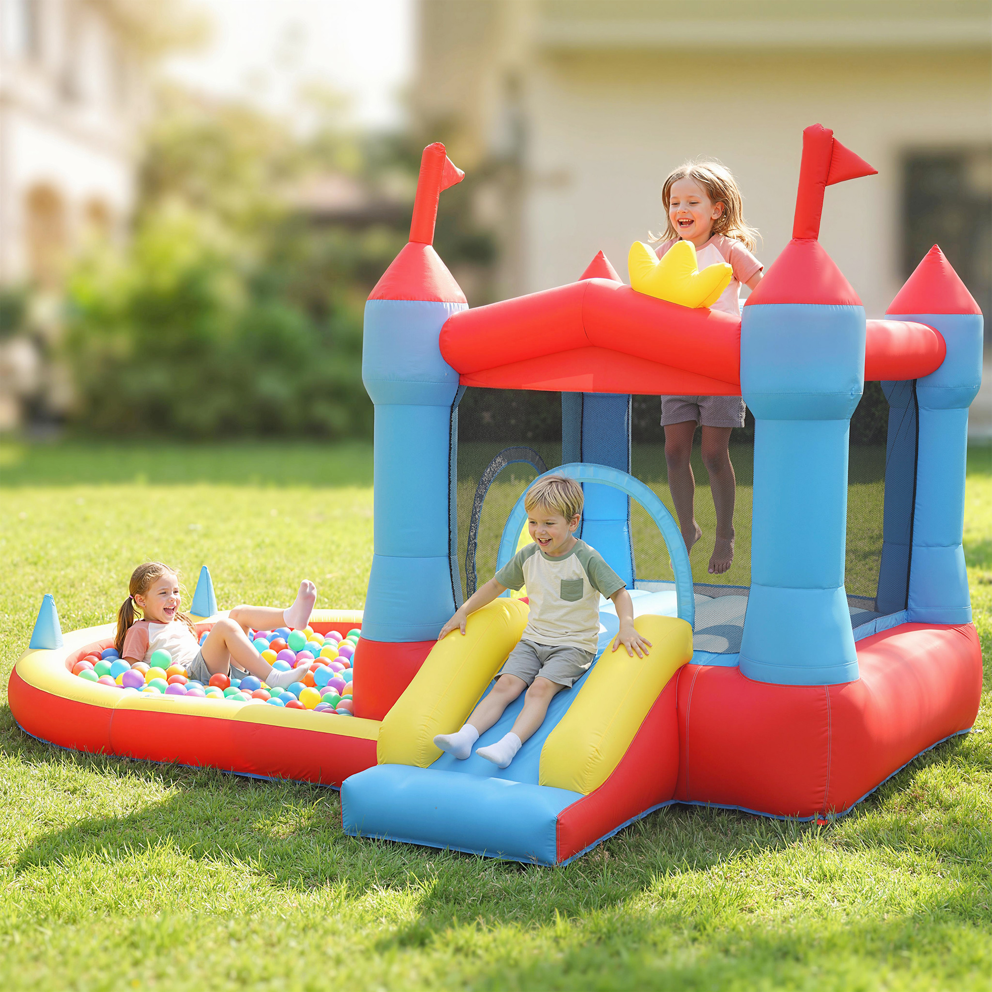 aufblasbare Hüpfburg mit Gebläse Rutsche Trampolin Planschbecken/Bällebad Wasserpistole 342x255x209 cm Blau
