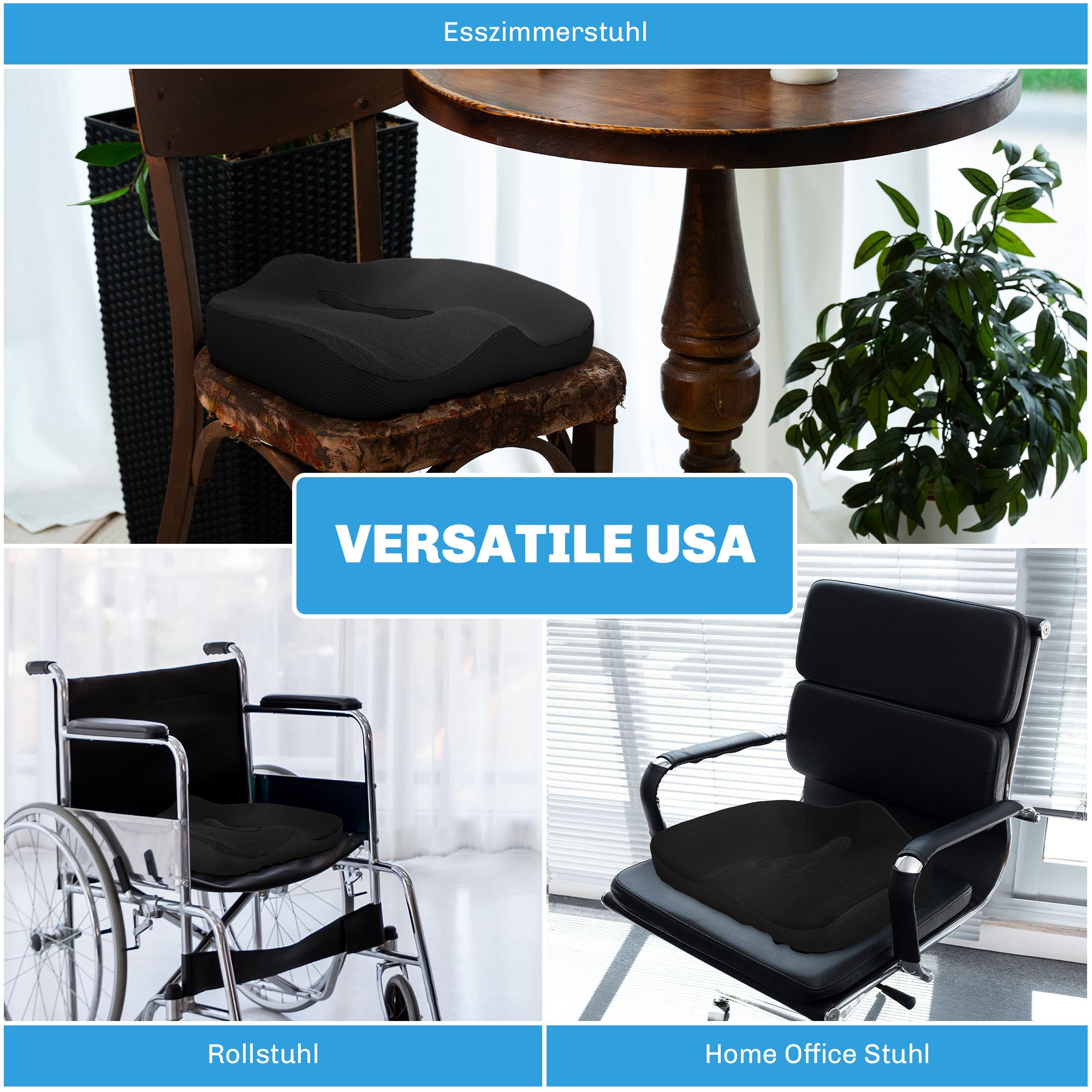 Sitzkissen, ergonomisch, atmungsaktiver Bezug, rutschfest, 44x39x13 cm, Schwarz