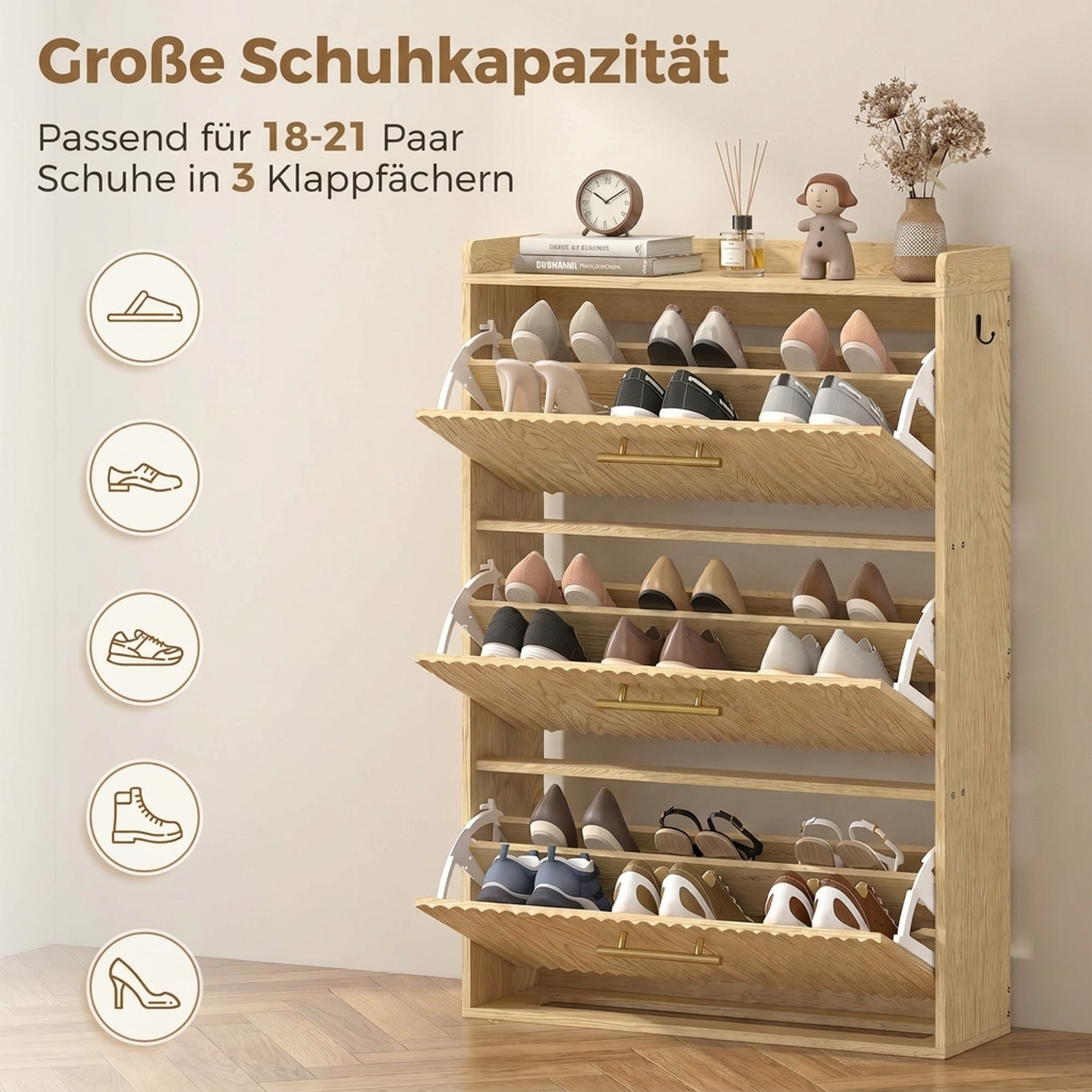 schmaler Schuhschrank mit Klappdesign und 3 Fächern, hellbraun
