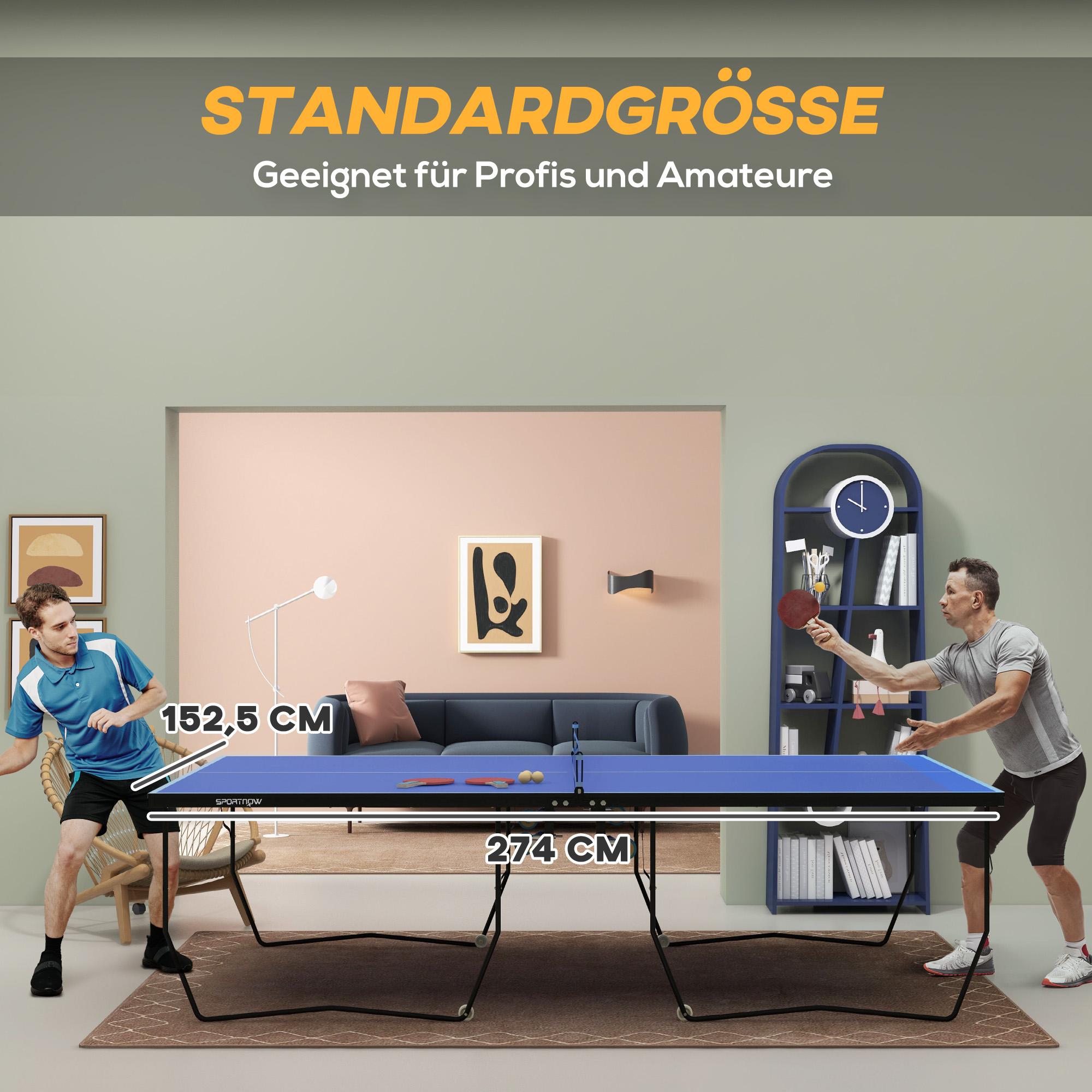 Tischtennisplatte, klappbar, 8 Räder, pulverbeschichteter Stahlrahmen, MDF, 274 x 152,5 x 76 cm, Blau