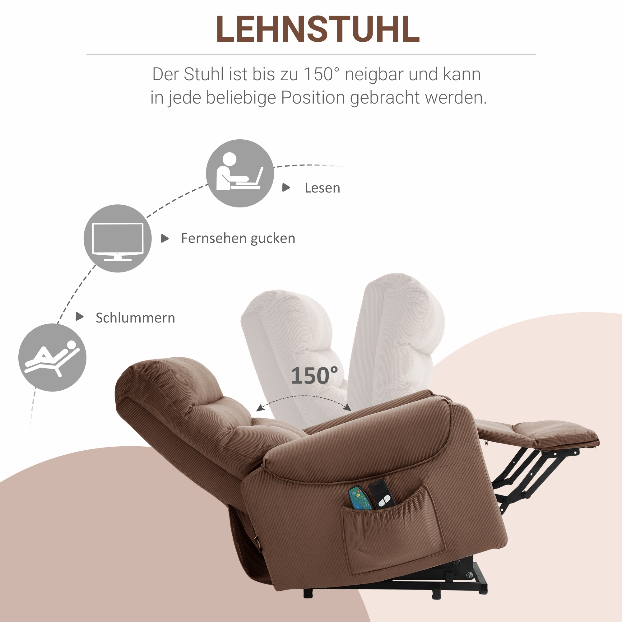 Fernsehsessel mit Aufstehhilfe Elektrisch, Massagesessel mit Liegefunktion und Wärmefunktion, Relaxsessel mit Fernbedienung und Seitentasche Verstellbar Polyester-Gewebe Braun