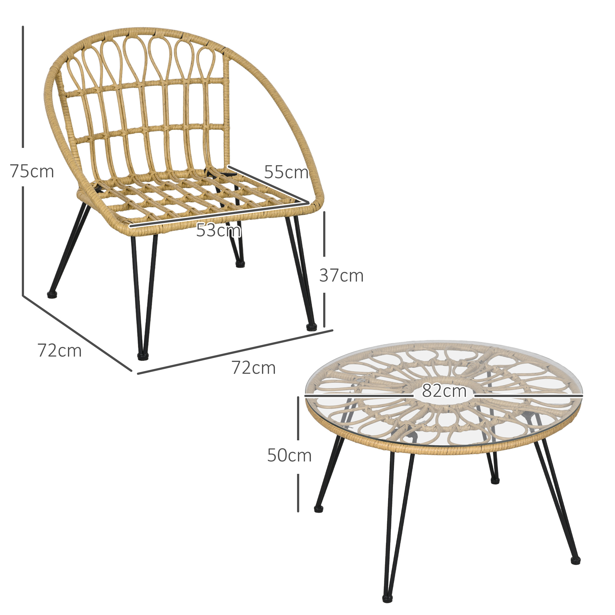 5-teilige Gartensitzgruppe, Boho-Stil, 1 Esstisch & 4 Stühle, Auflagen, Polyrattan, Beige/Natur
