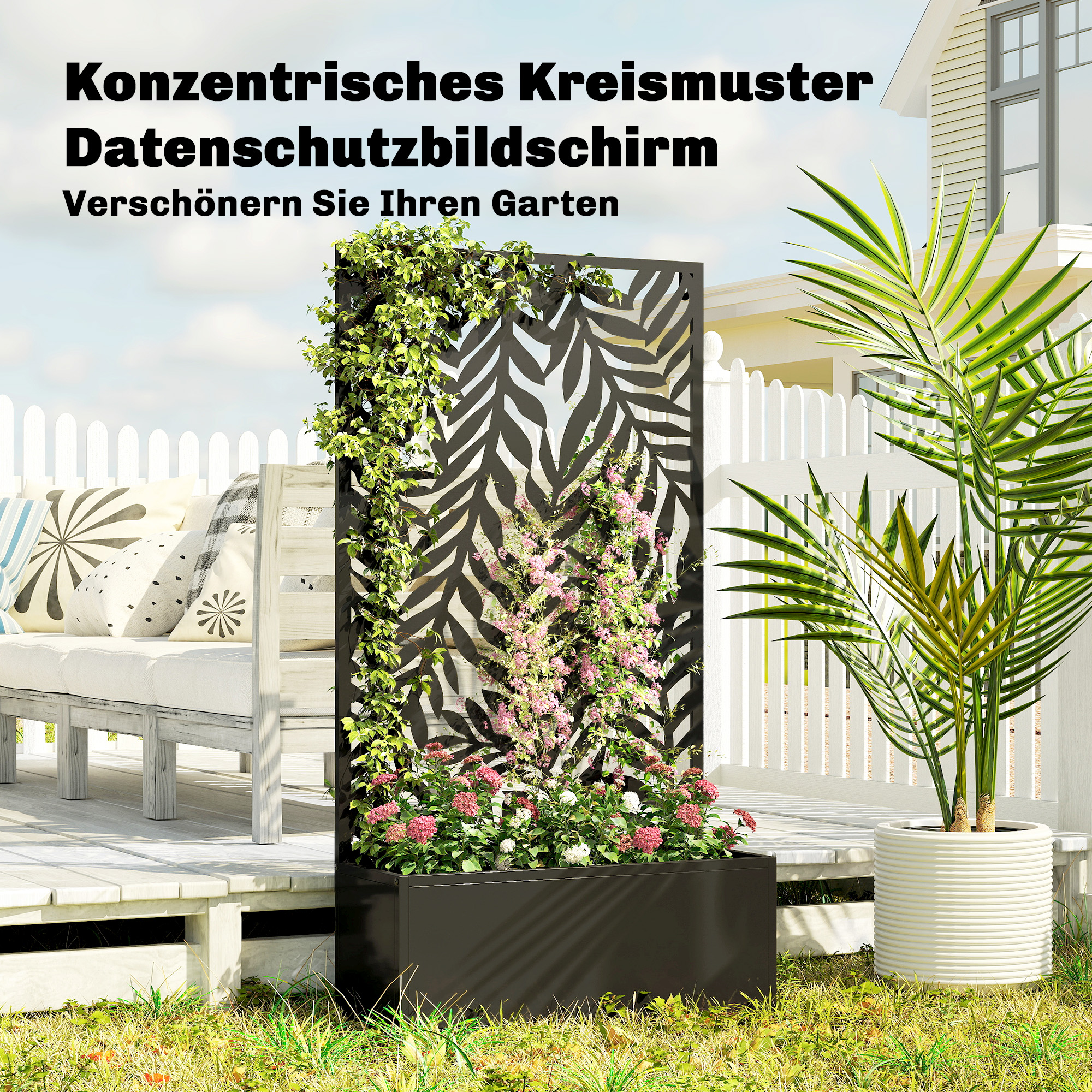 Blumenkasten mit Sichtschutz Pflanzkasten mit Rankgitter tropischen Blattmotiven 61 x 23 x 113 cm Schwarz