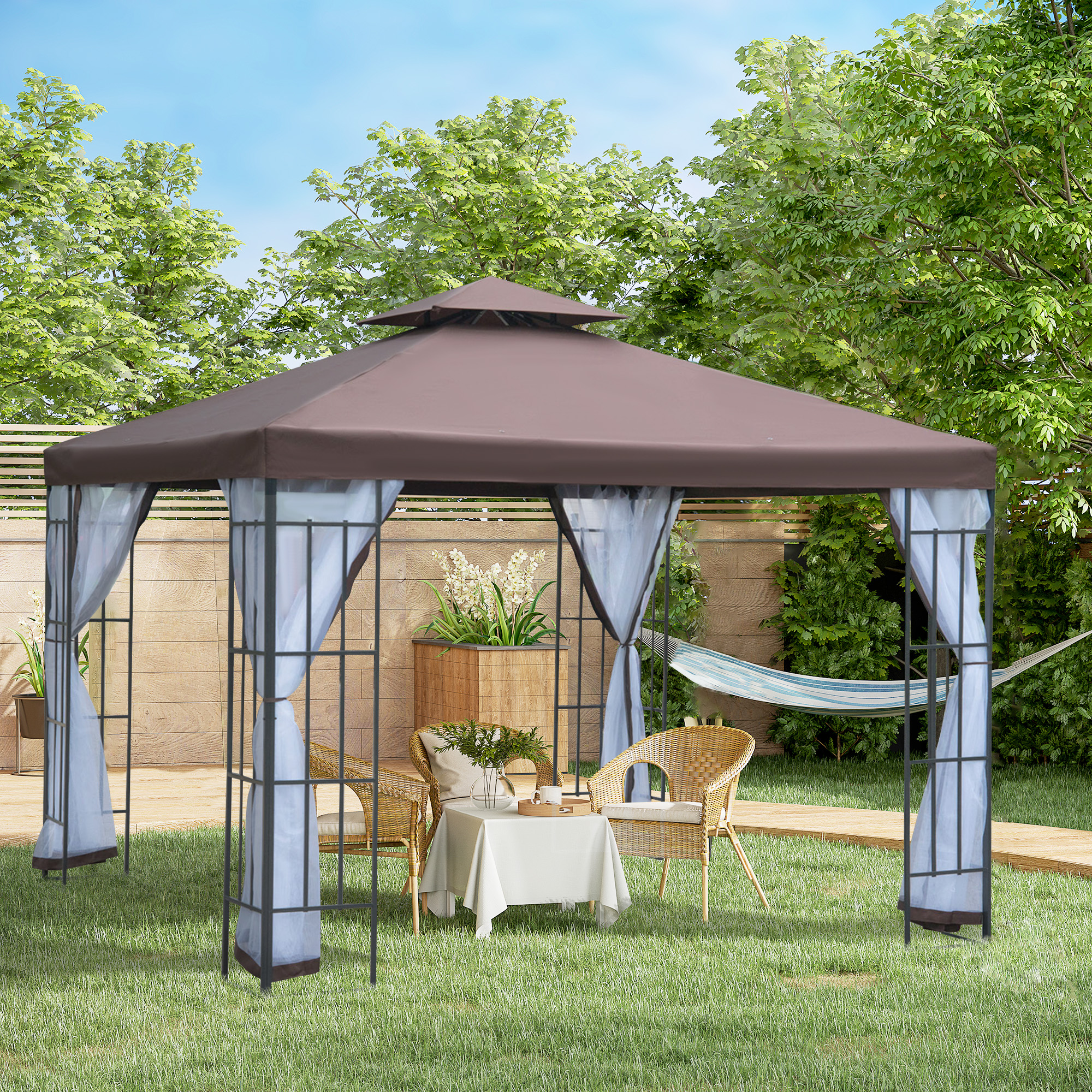 Pavillon Gartenpavillon mit Moskitonetze Seitenwände, Partyzelt mit Doppeldach, Gartenzelt Festzelt 2,97x2,97m