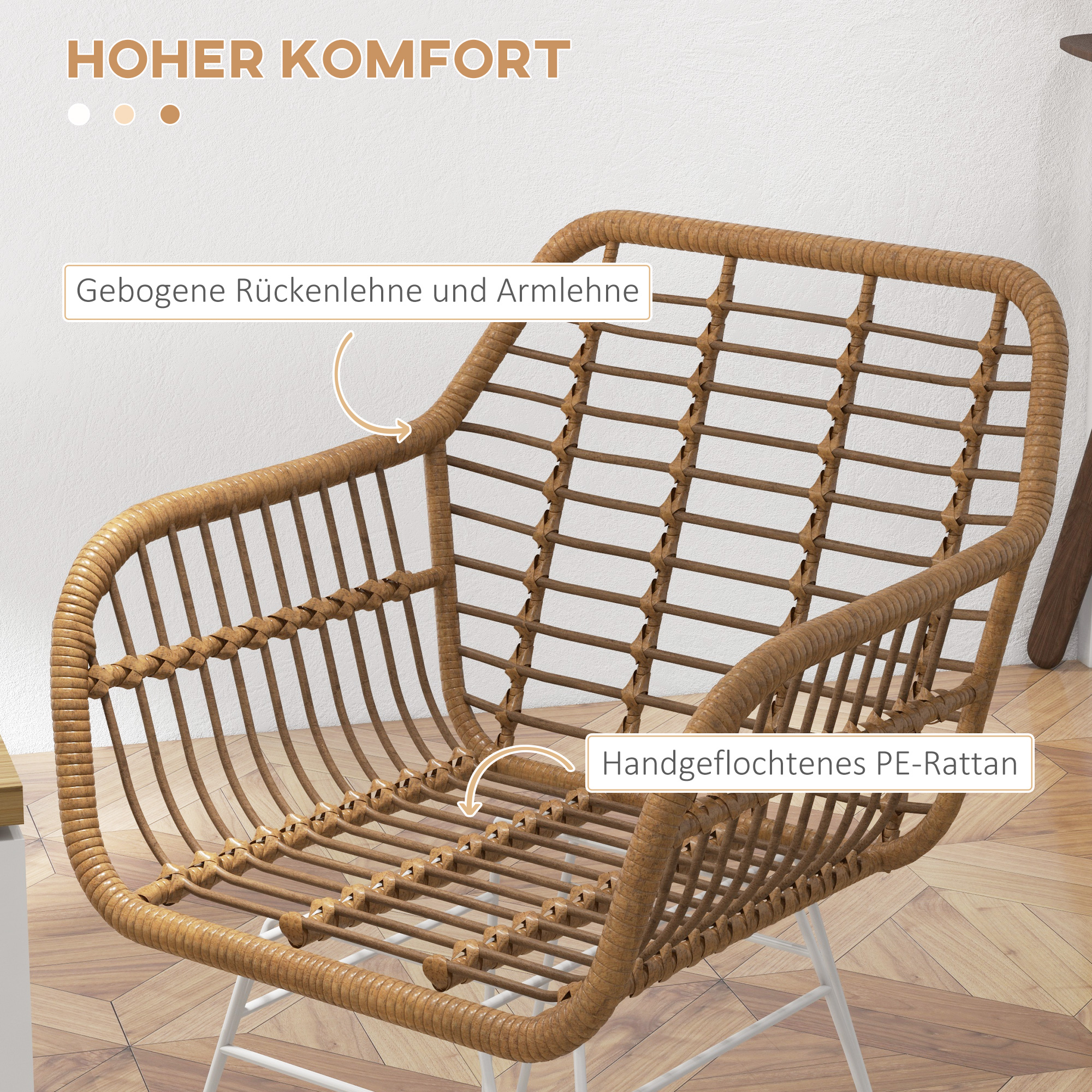 2-er-Set Stühle im Boho-Stil, Küchenstühle, PE-Rattan, 56 x 60 x 79 cm, Natur + Weiß