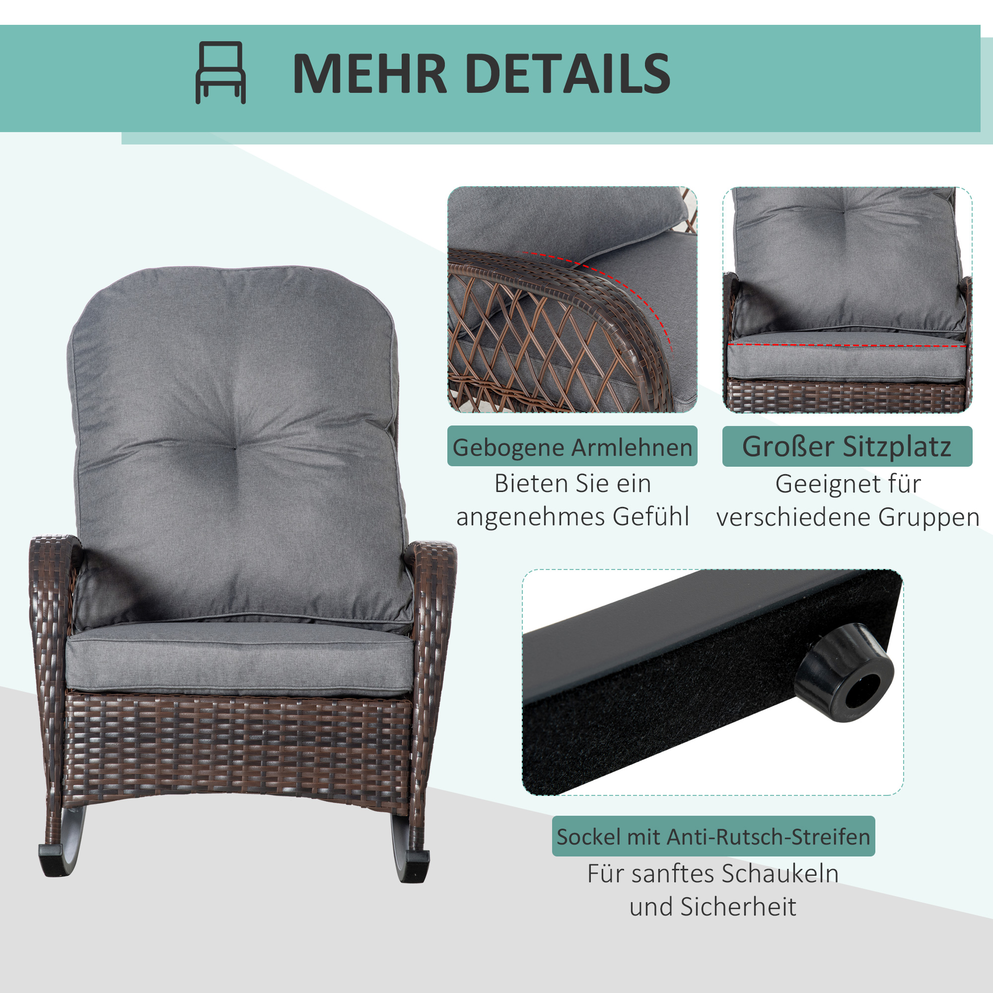 Schaukelstuhl Polster mit Knopfheftung PE-Rattan Stahl Braun + Grau