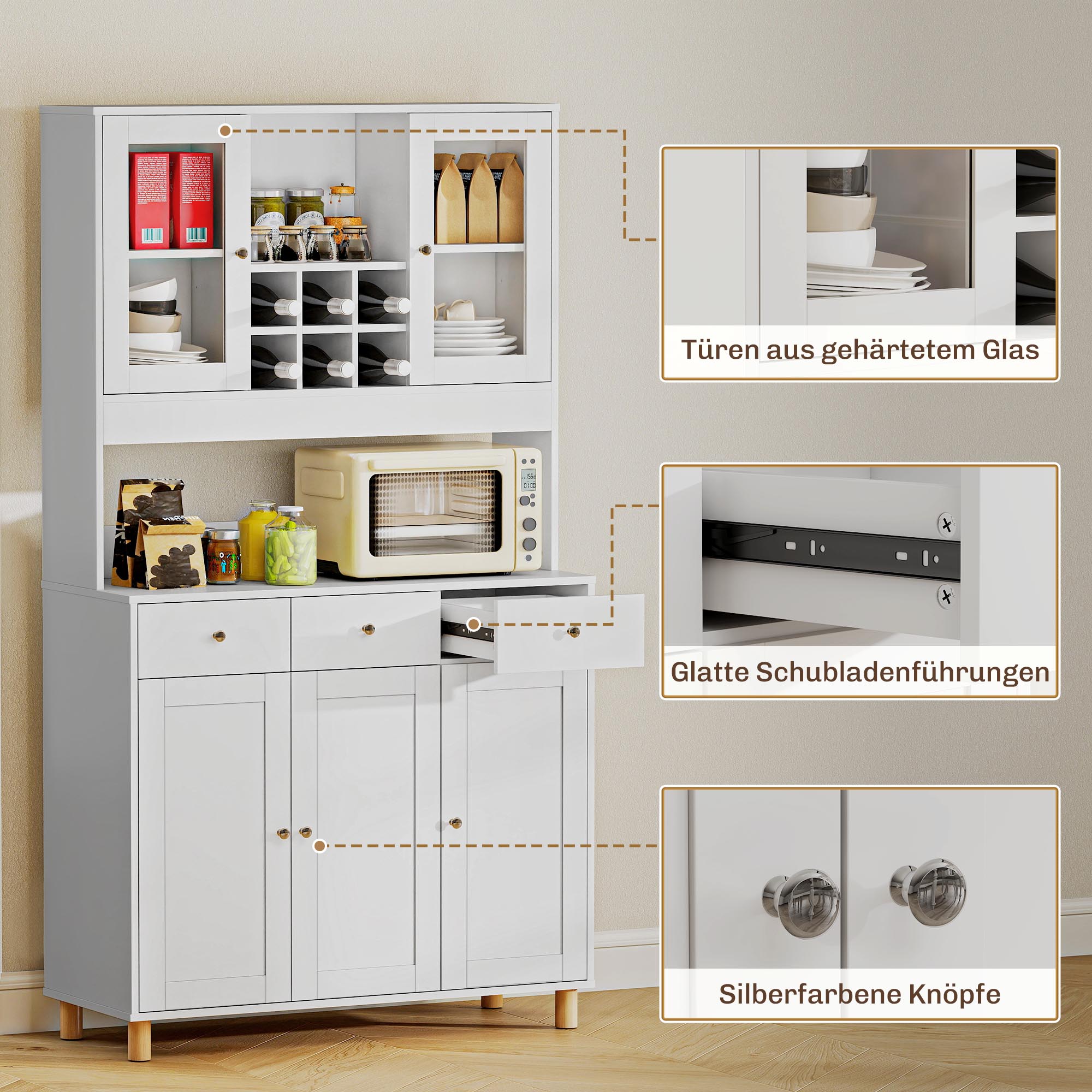 180 cm Küchenschrank, 2 Glastüren, 3 Schubladen, 4 verstellbare Regale, Esszimmerschrank, Spanplatte, Weiß