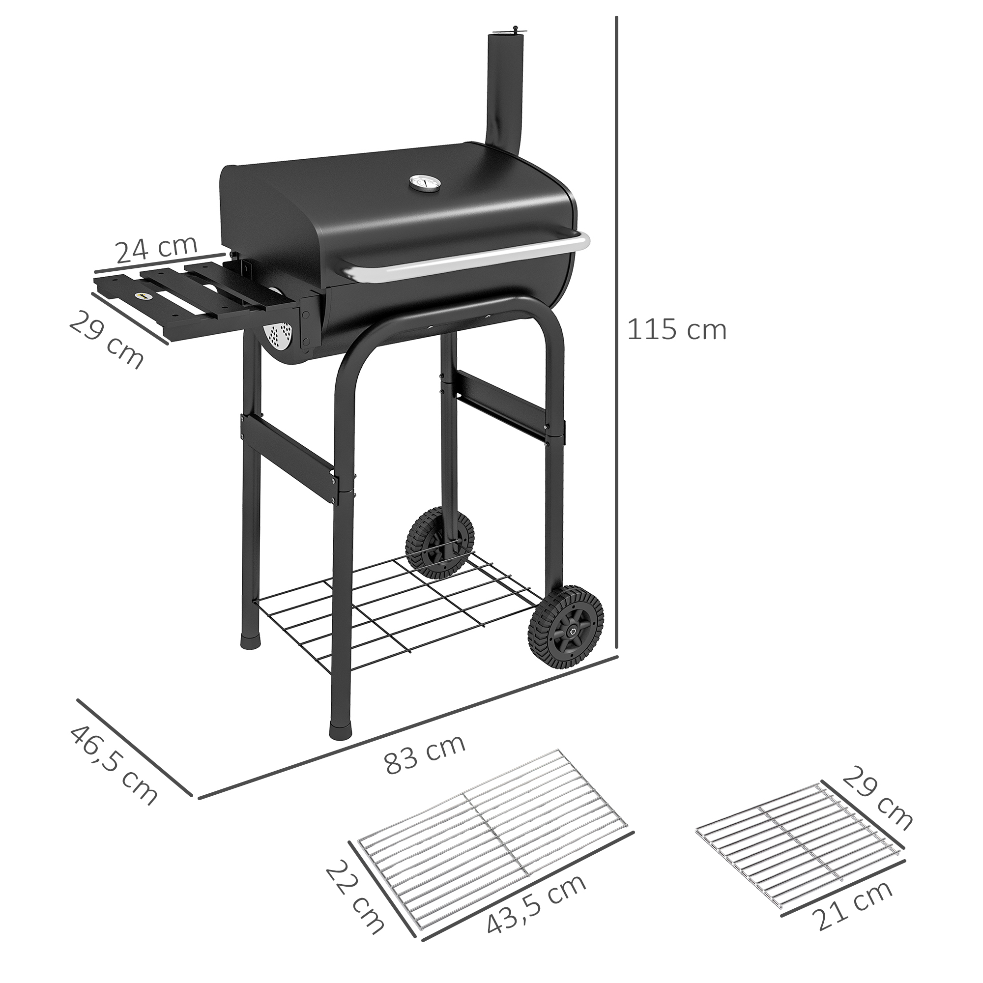 Holzkohlegrill Smoker BBQ-Grill, 1 Ablage,inkl, Thermometer, 83 x 46,5 x 115 cm, Schwarz