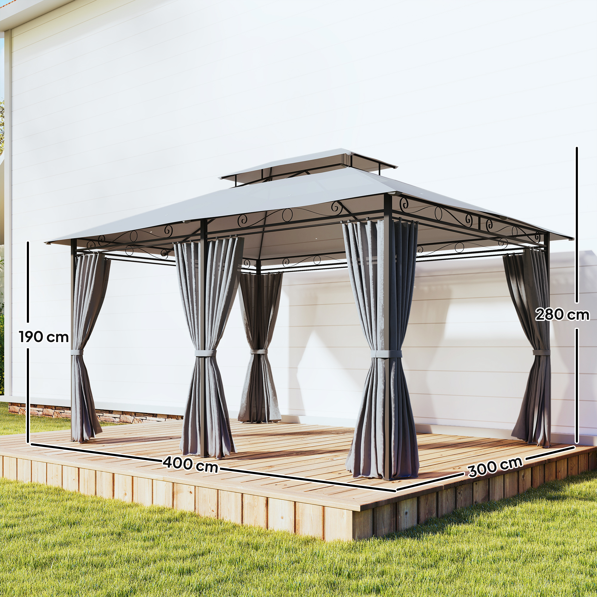 Gartenpavillon, Outdoor Pavillon mit Vorhängen, belüftetem Dach, Dunkelgrau