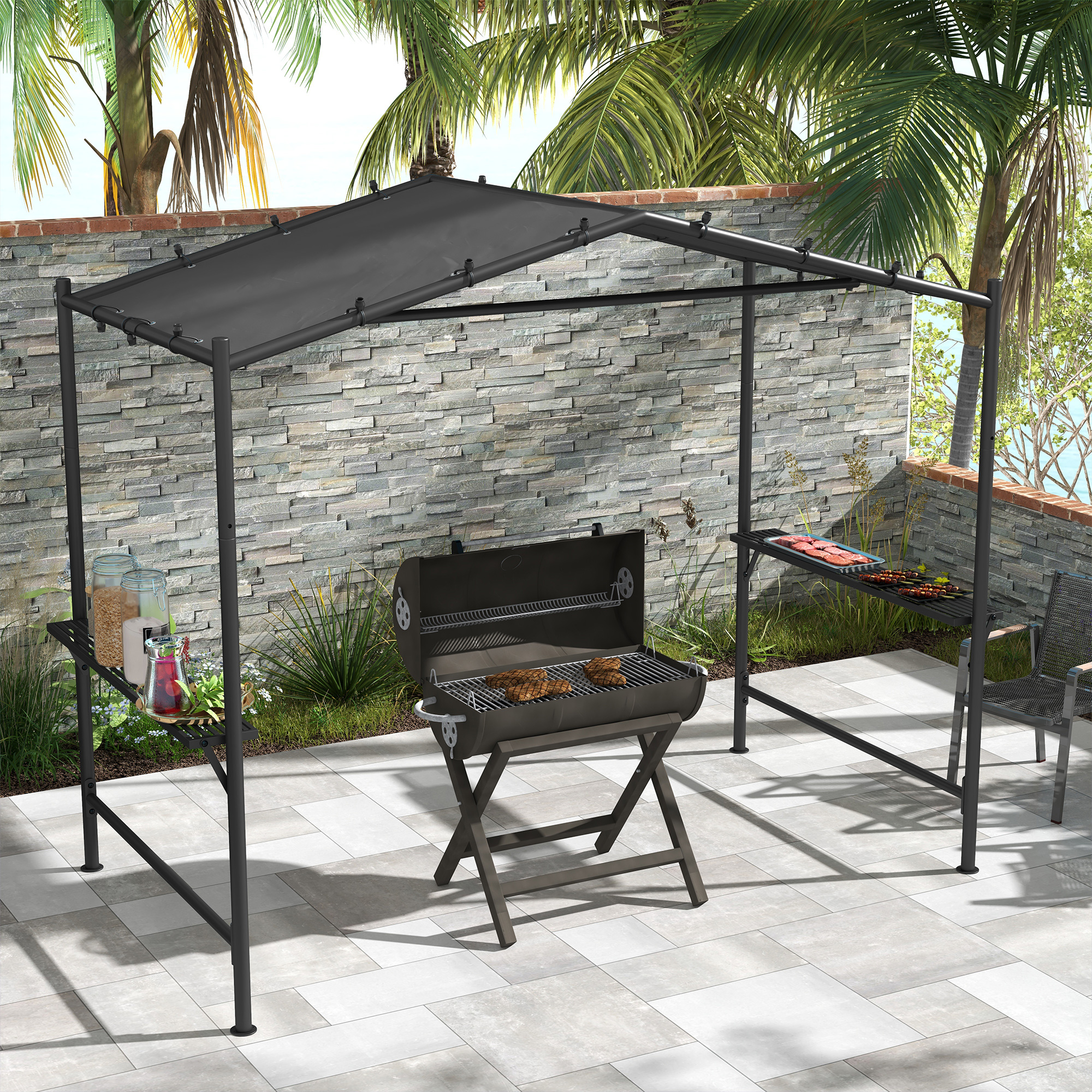Grillzelt Grilldach, wetterbeständig, inkl, Seitentaschen, 277 x 149 x 230 cm, Dunkelgrau