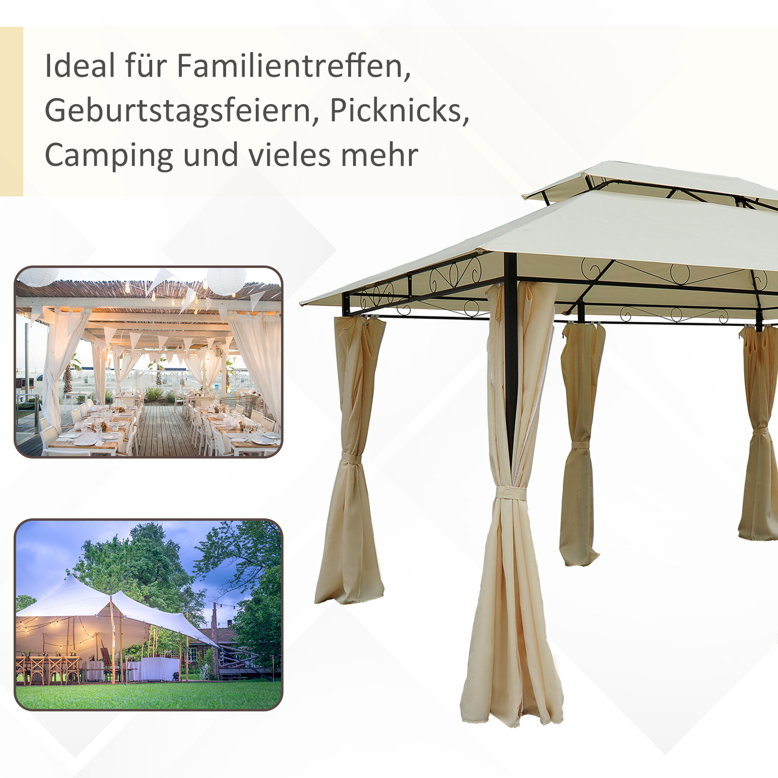 Pavillon 3x4m Gartenpavillon mit 6 Seitenteilen Partyzelt Gartenzelt Festzelt mit Doppeldach Beige+Schwarz