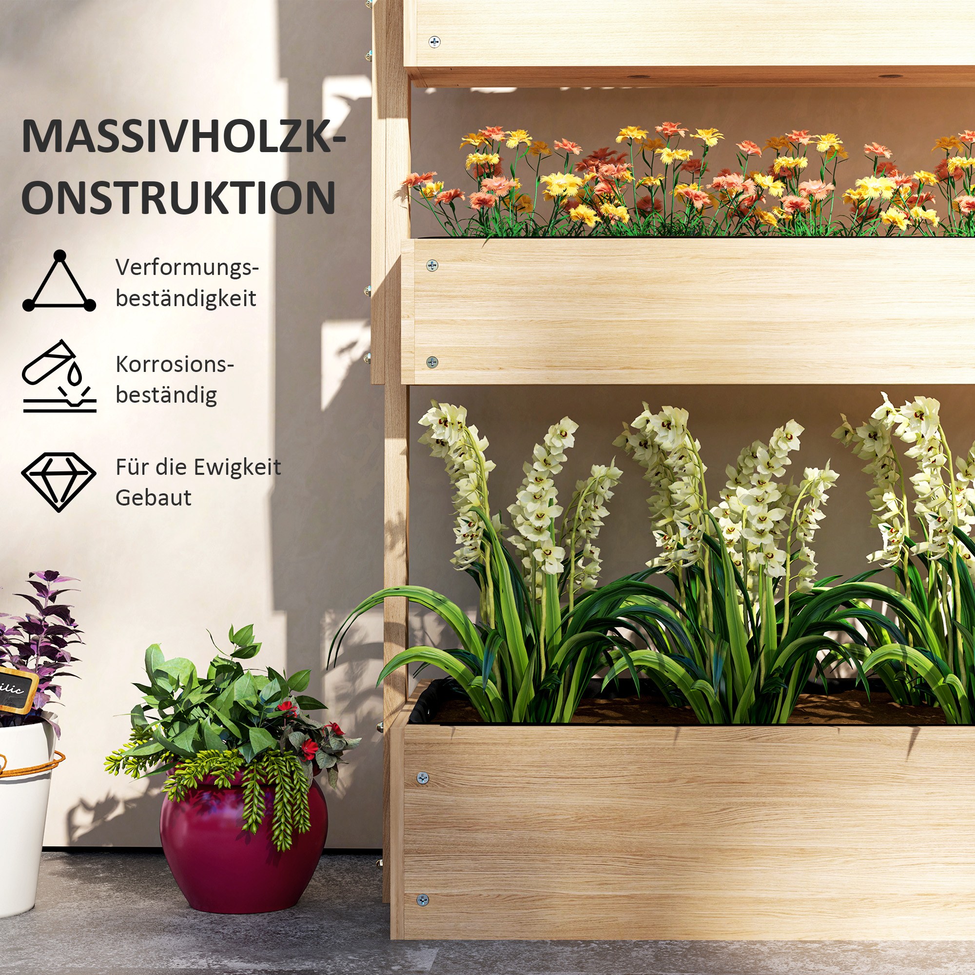 Hochbeet Holz, 4 Ebene Pflanzbeet mit Entwässerungslöcher Frühbeet Gartenbeet 88,5 x 45 x 140 cm Naturholz