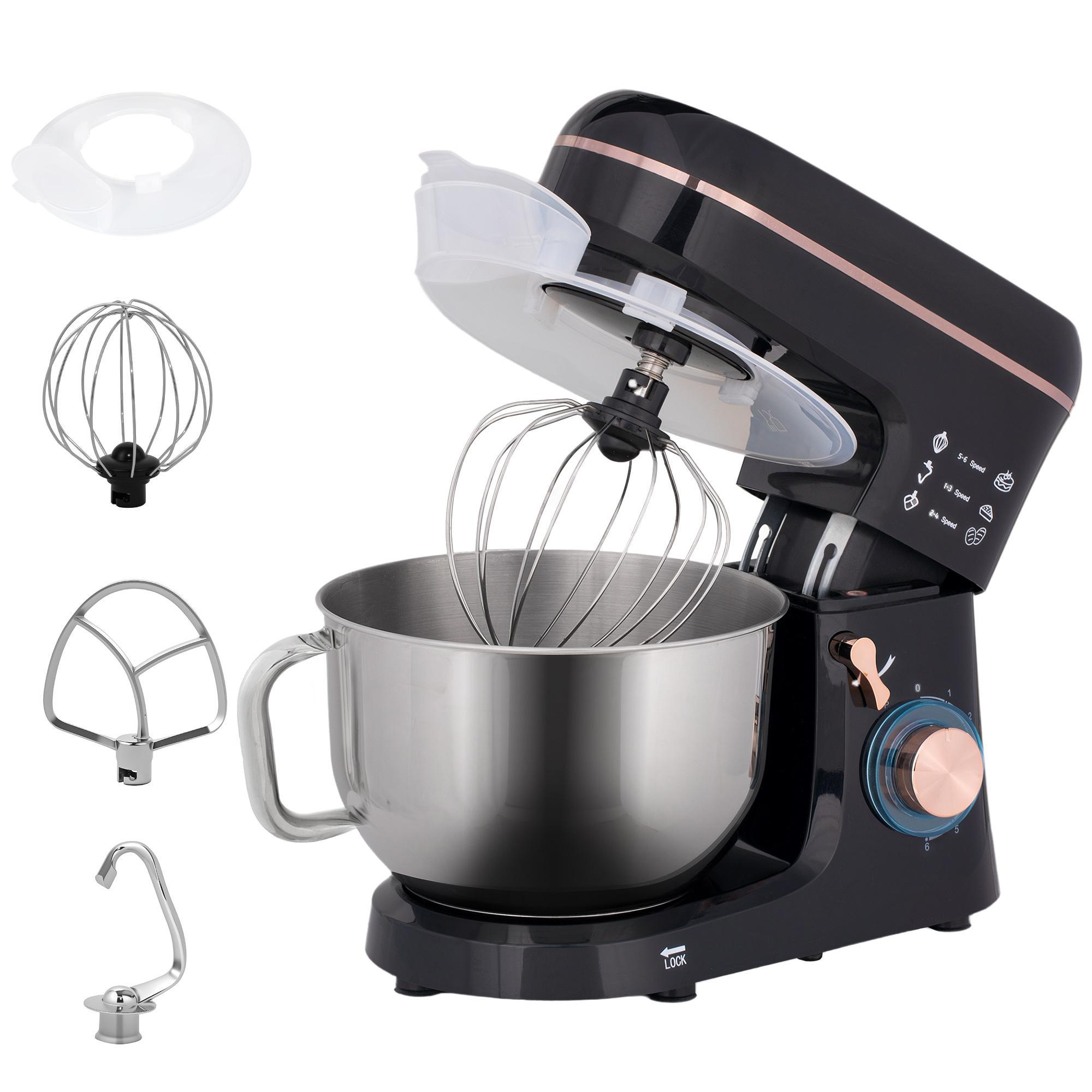 Standmixer, Küchenmaschine, Rührgerät, 6 Stufen, 5,5L Edelstahlschüssel, Schwarz Standmixer, Küchenmaschine, Rührgerät, 6 Stufen, 5,5L Edelstahlschüssel, Schwarz
