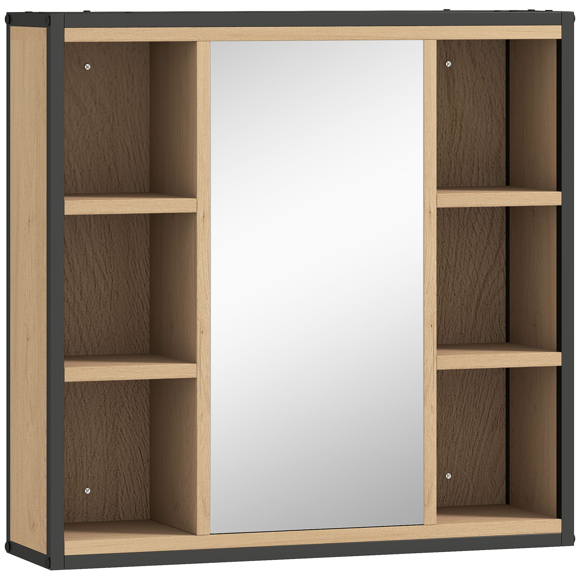 Badezimmer-Spiegelschrank, 6 offene Fächer, 3-stufiges Regal, Wandmontage, Eiche Badezimmer-Spiegelschrank, 6 offene Fächer, 3-stufiges Regal, Wandmontage, Eiche