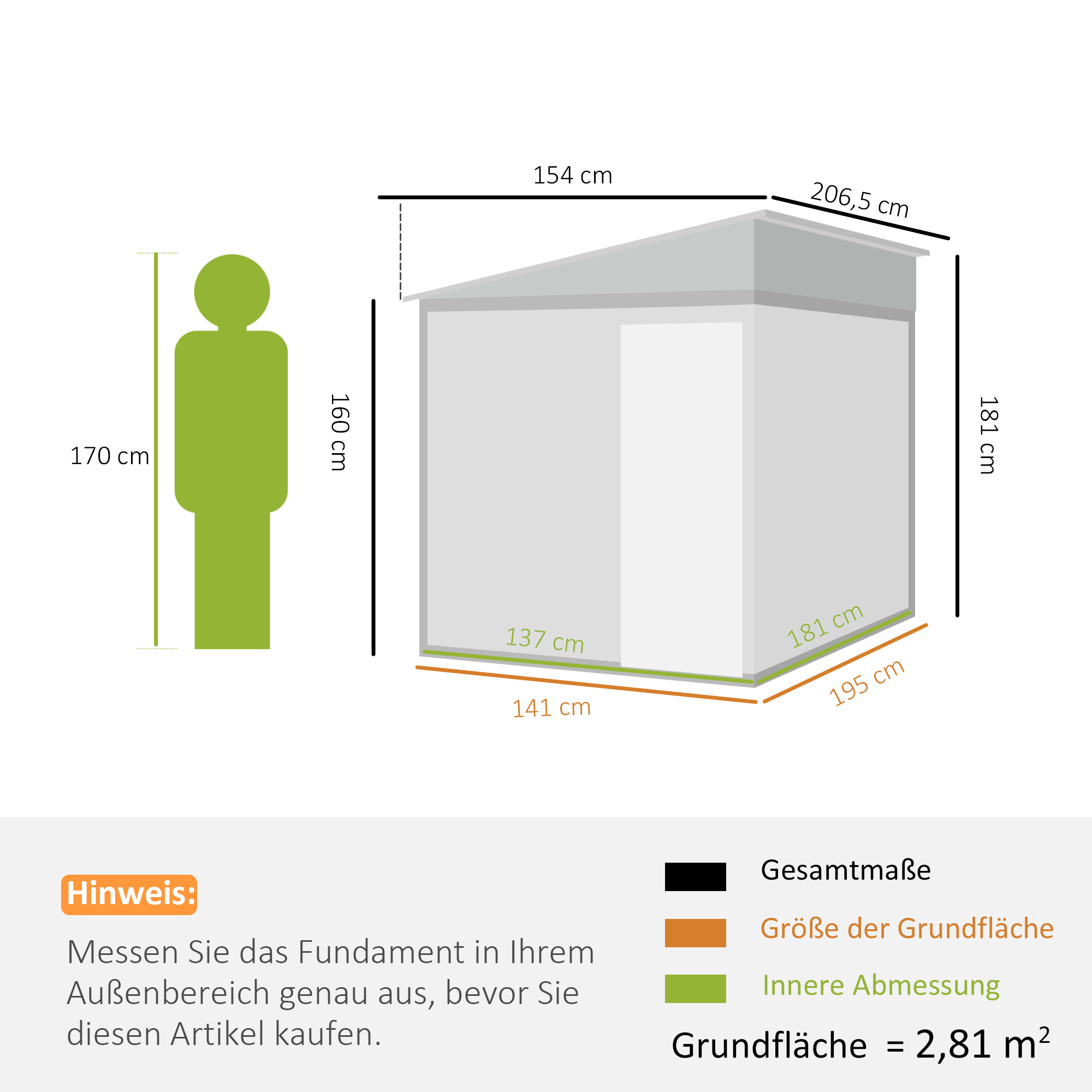 Metall Gerätehaus 2,81m² 154x206,5x181 cm Geräteschuppen mit Pultdach Fundament