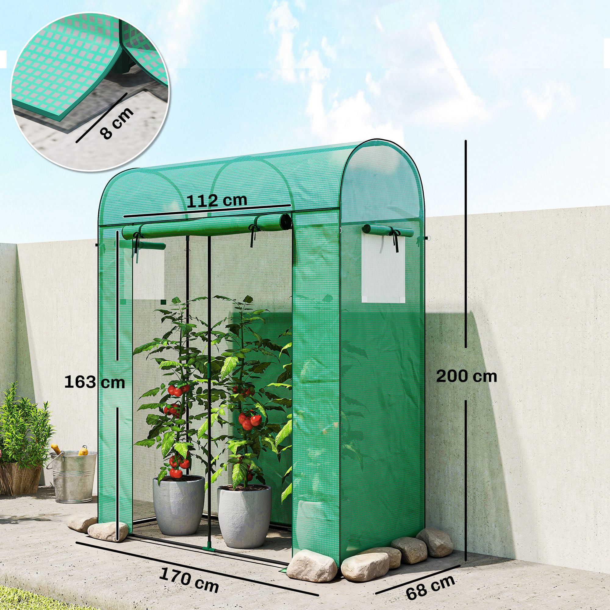Tomatengewächshaus Foliengewächshaus mit Rolltor Netzfenster Bogendach 170 x 68 x 200 cm Grün