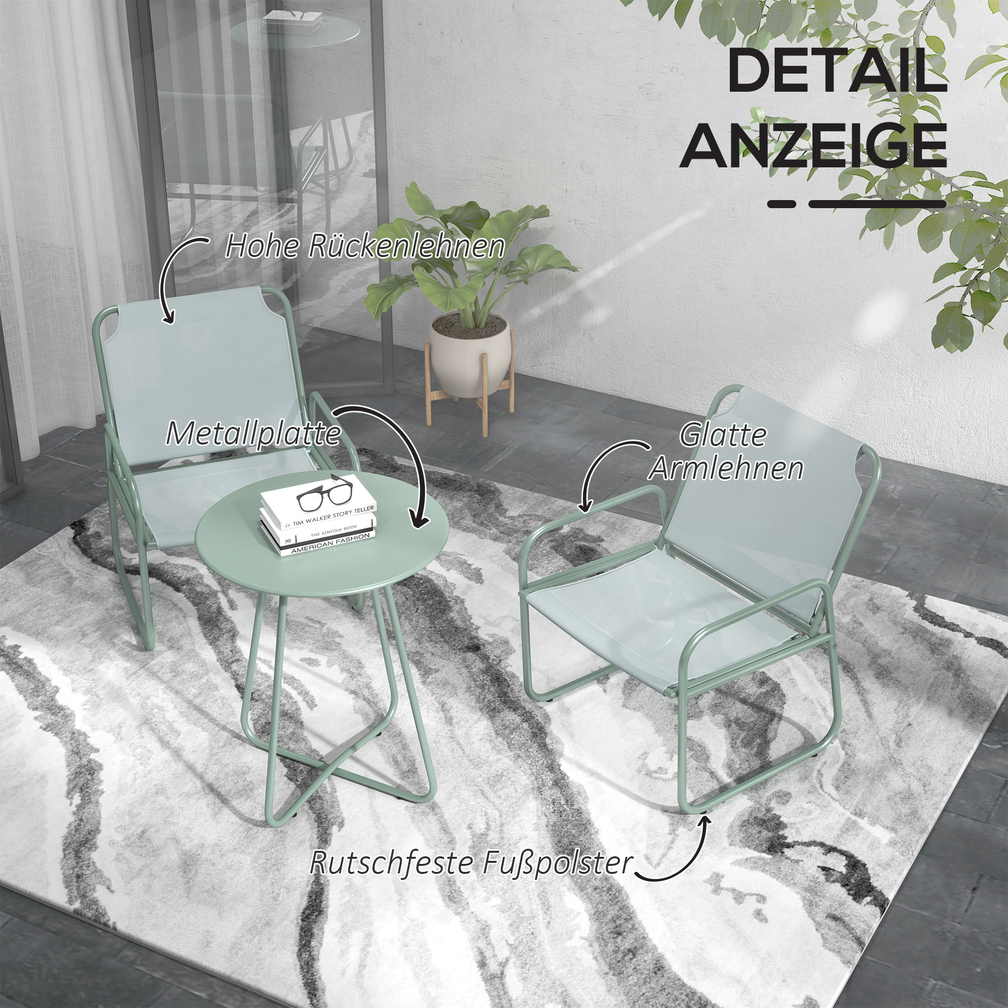 3-teiliges Gartenmöbelset, 2 Stühle mit atmungsaktivem Stoffbezug, 1 runder Tisch Ø60 cm, Grün