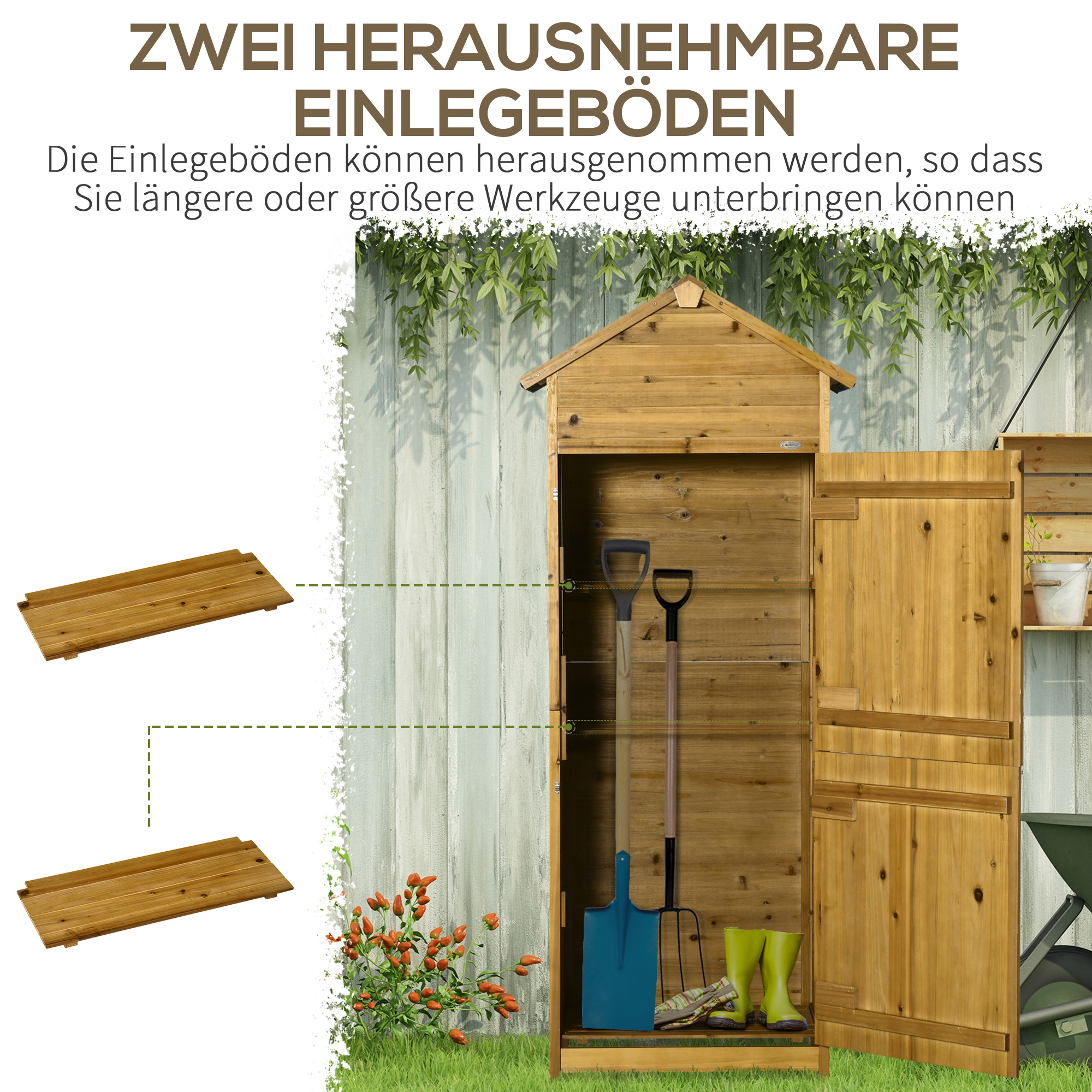Geräteschrank, Gartenschuppen, 2 Regale, 2 Türen, wetterfest, Naturholz, 79 x 49 x 190cm