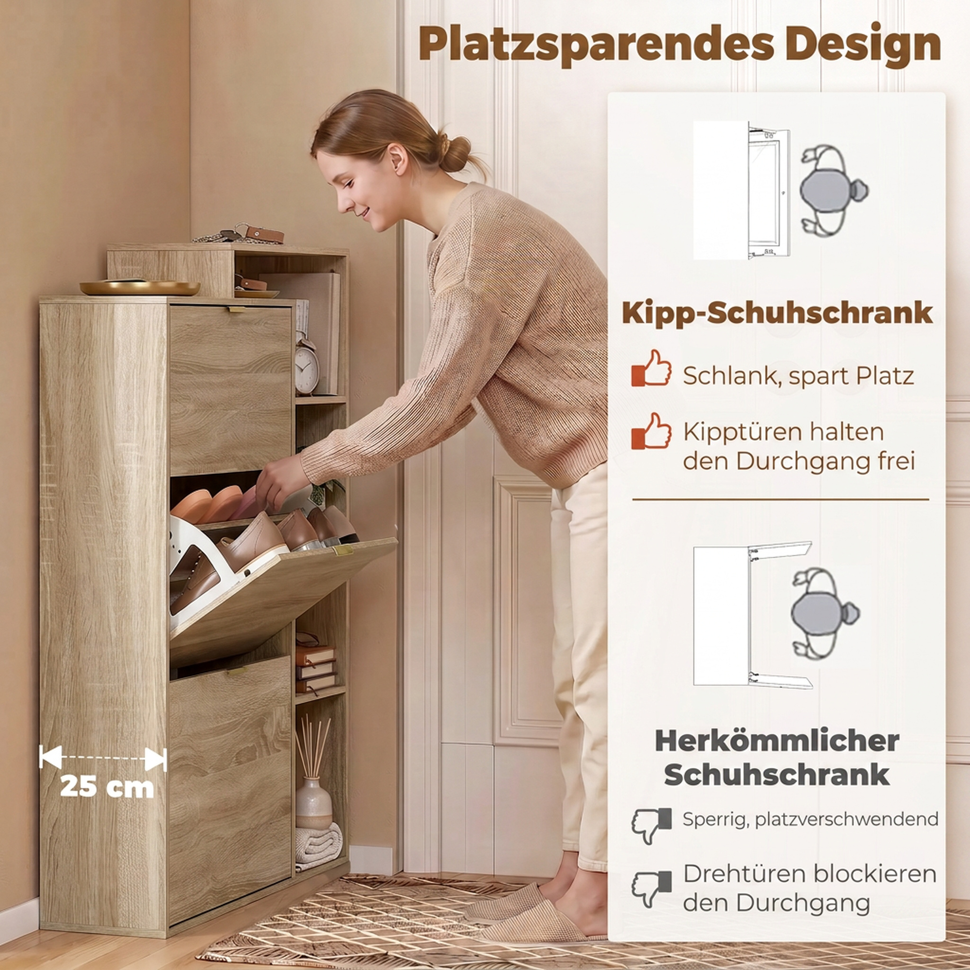 Schuhschrank mit verstellbaren Trennwänden, offenen Fächern und 3 Klappfächern, Naturholz