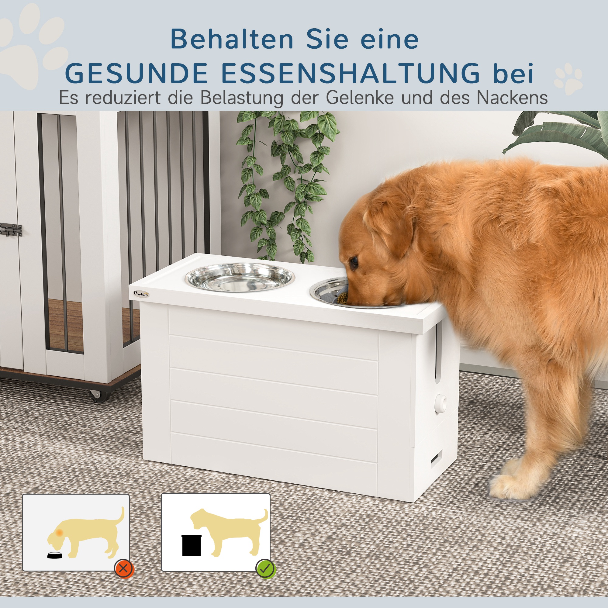 2-in-1 erhöhter Hundenapf Höhenverstellbar Futternapf mit Ständer 2 x 2L Edelstahlnäpfen Weiß