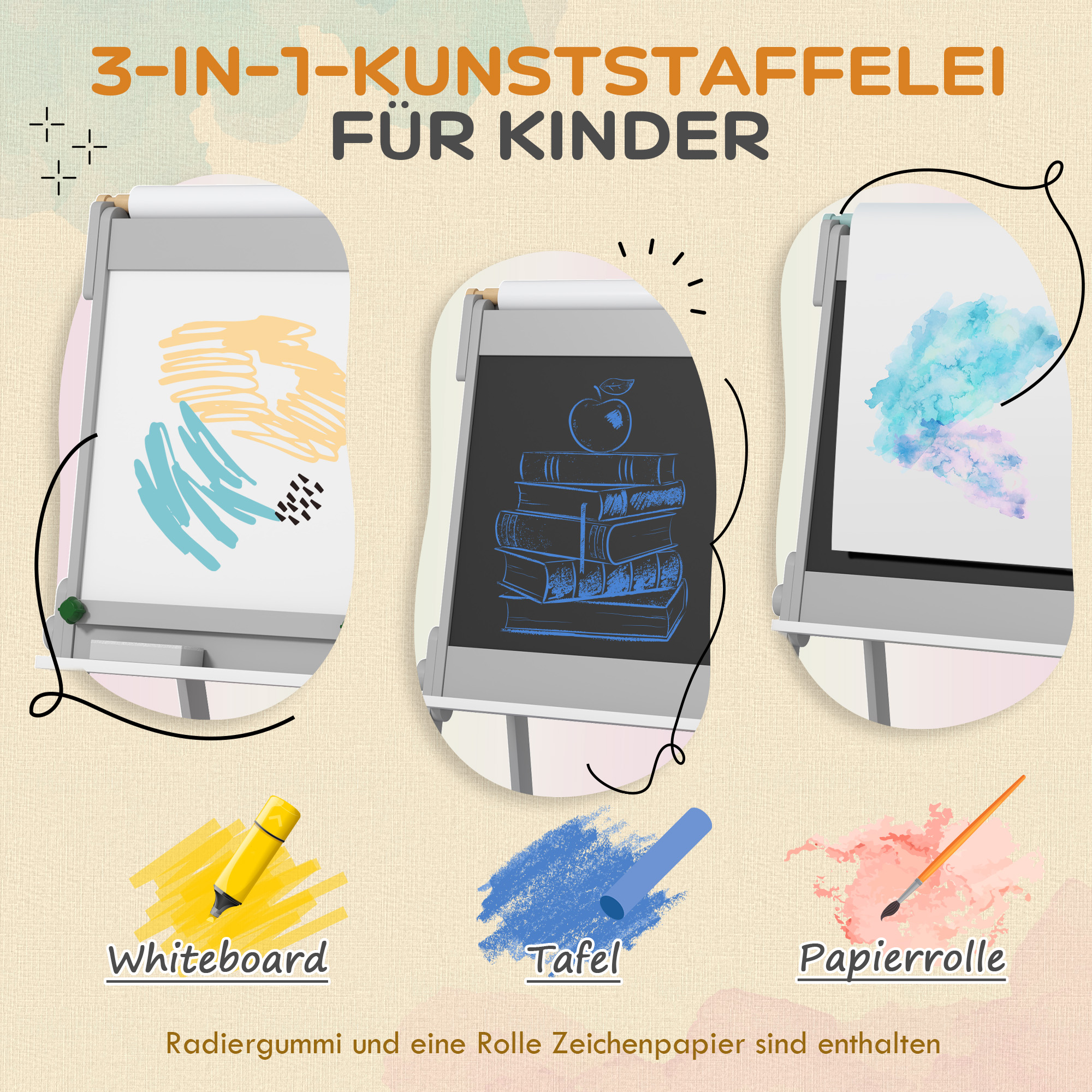 Doppelseitige Kindermalstaffelei mit Papierrolle, Kreidetafel, Whiteboard, 3-in-1-Design, zum Zeichnen und Malen
