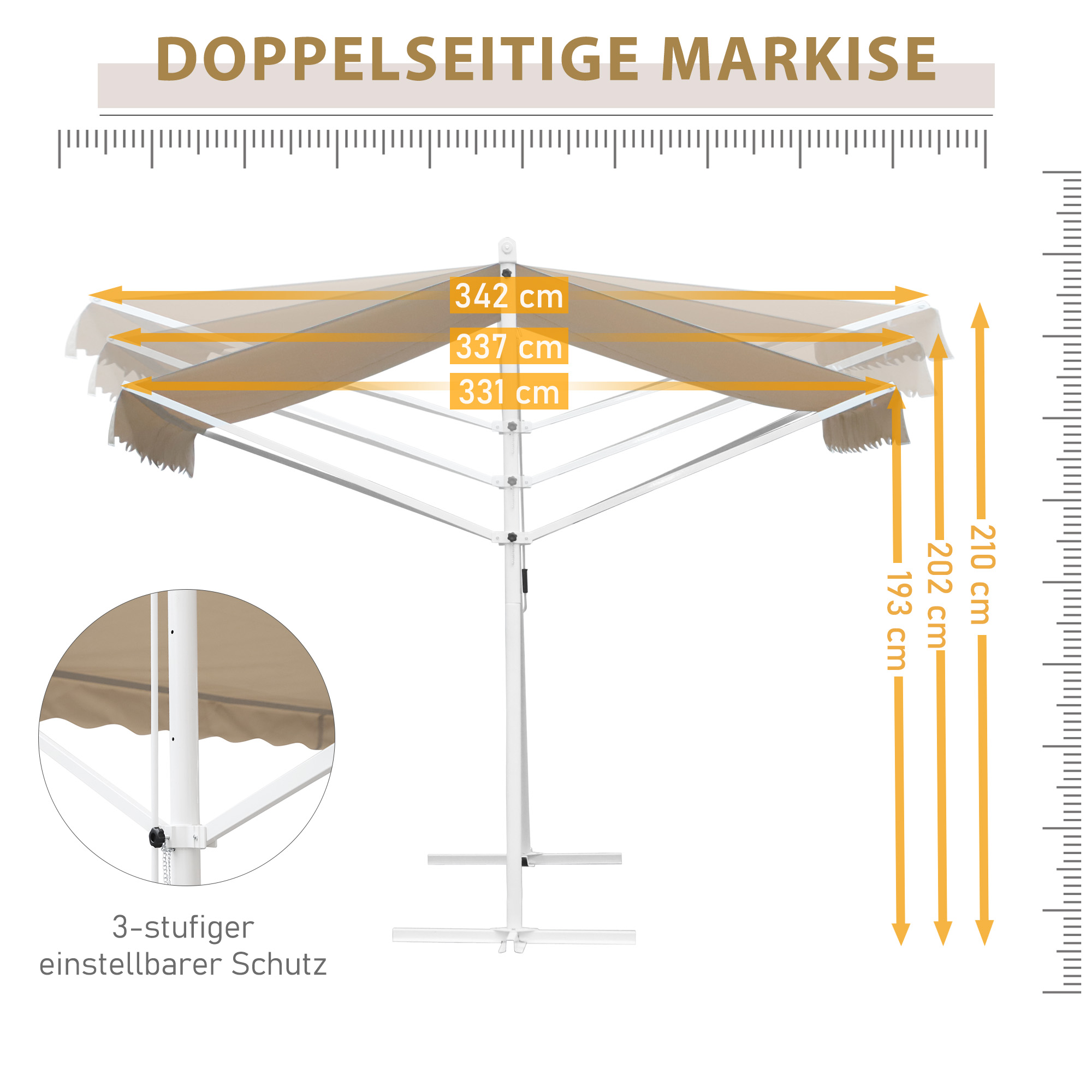 Standmarkise Markise 4,5 x 3,4m Terrassenüberdachung Gartenmarkise mit Faltarm Kurbel Terrasse Creme Alu Metall
