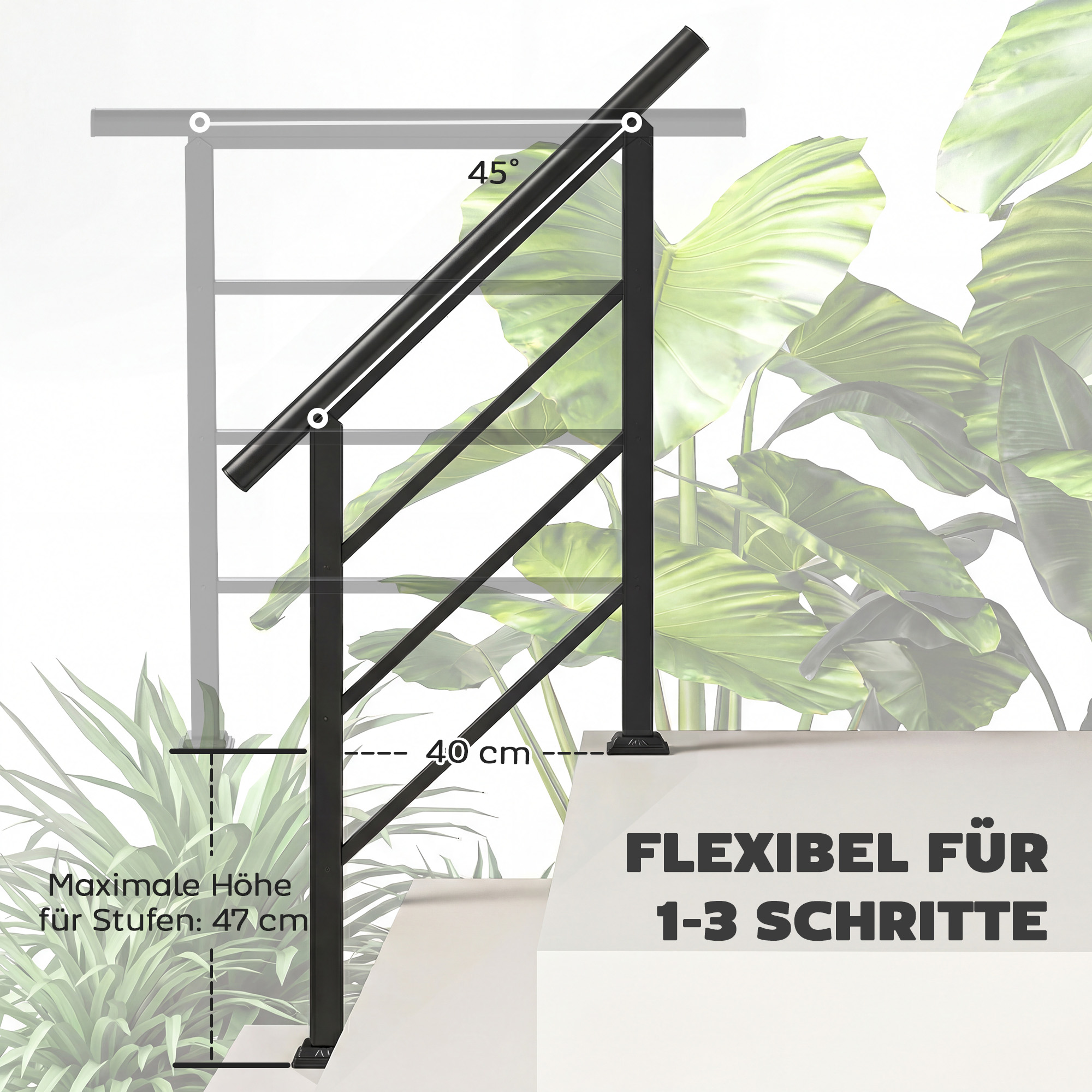 Treppengeländer für 1-3 Stufen, 94cm Winkelverstellbar Handlauf Außen und Innen Metall Schwarz