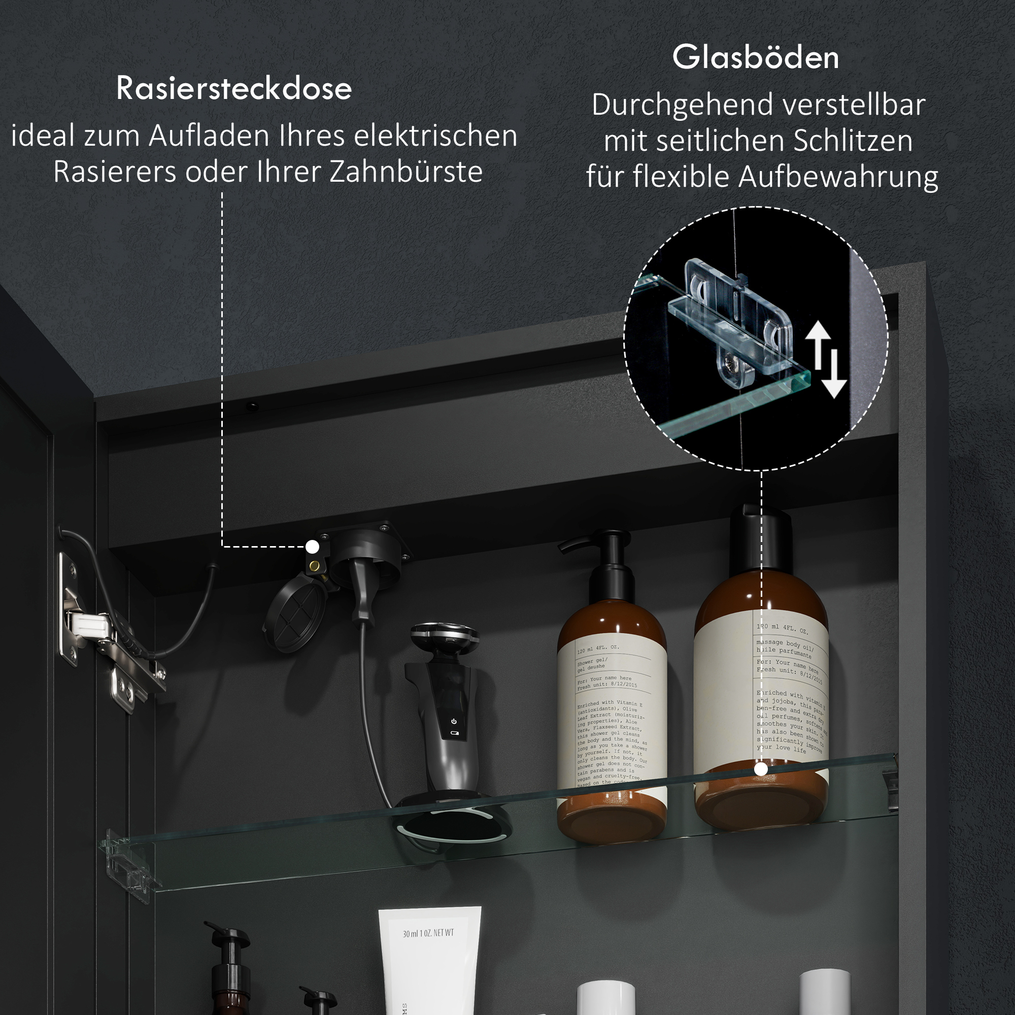 Spiegelschrank, Badschrank mit LED, 50 x 70 cm, dimmbar, Anti-Beschlag, Schwarz