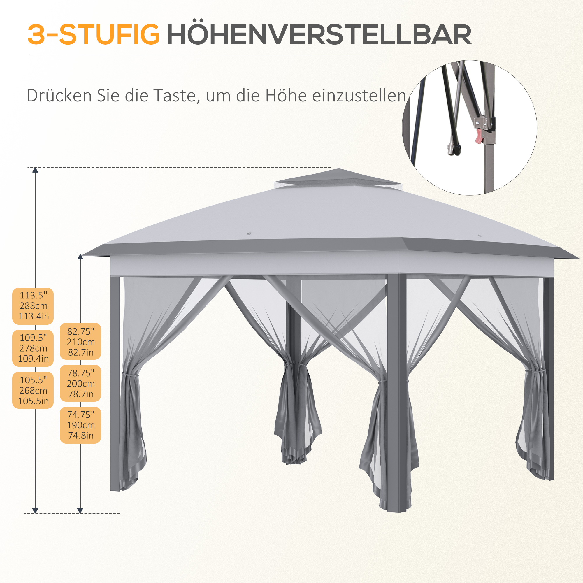 Faltpavillon, Gartenpavillon, Metall und Stoffplane, Netzvorhänge, Entwässerungslöcher, 330L x 330B x 288H cm, Grau