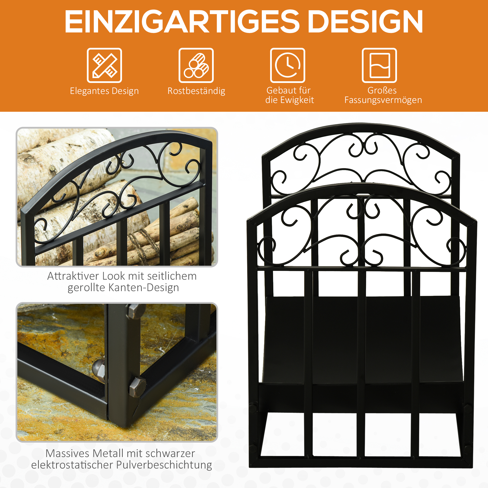 Kaminholzregal Kaminholzständer Brennholzregal 60 kg belastbar Feuerholzablage Kaminwerkzeug Metall Schwarz 60,5 x 36 x 46,5 cm