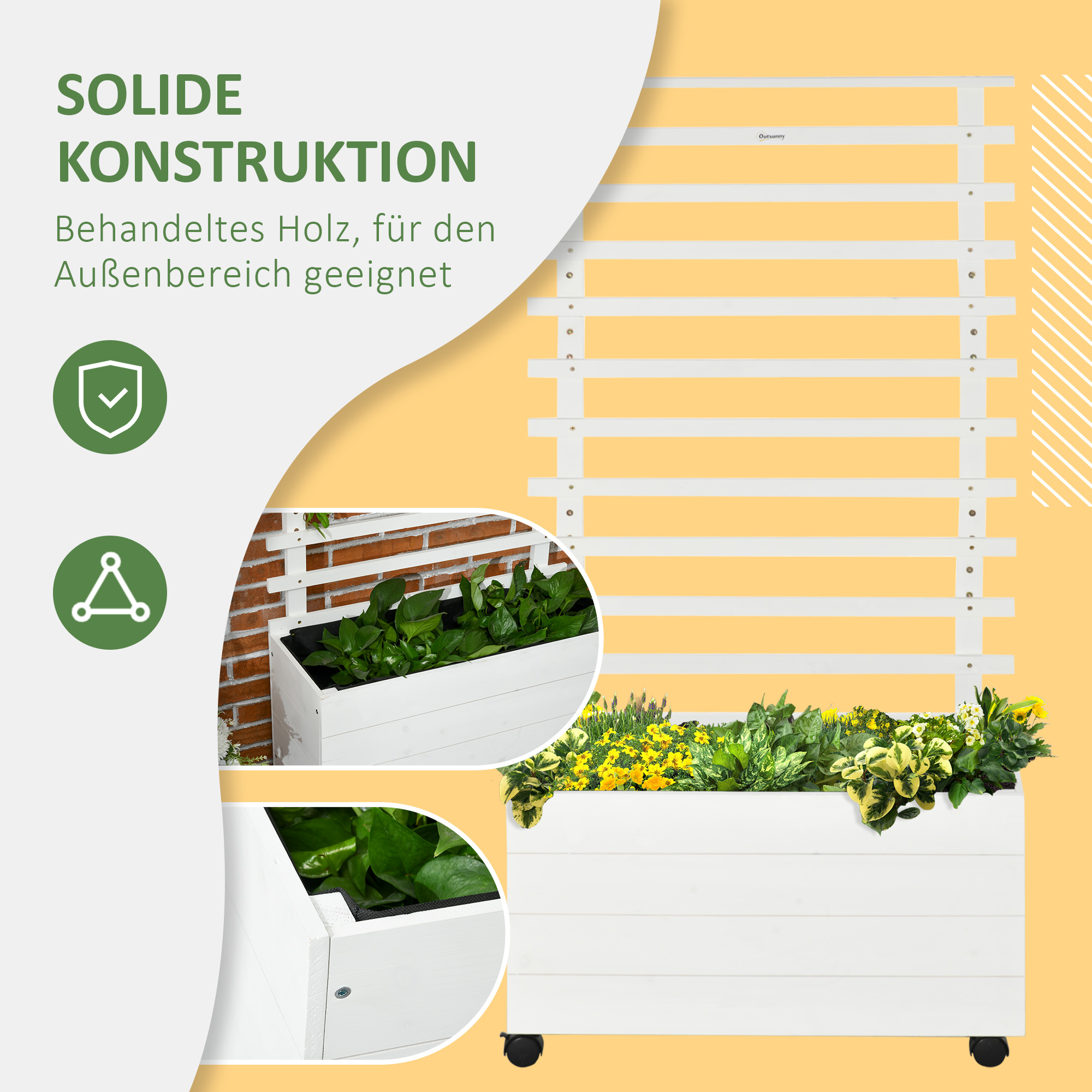 Pflanzkasten mit Spalier, 4 Räder, Naturholz, wetterfeste Lackierung, weiß, 76 x 30 x 155 cm